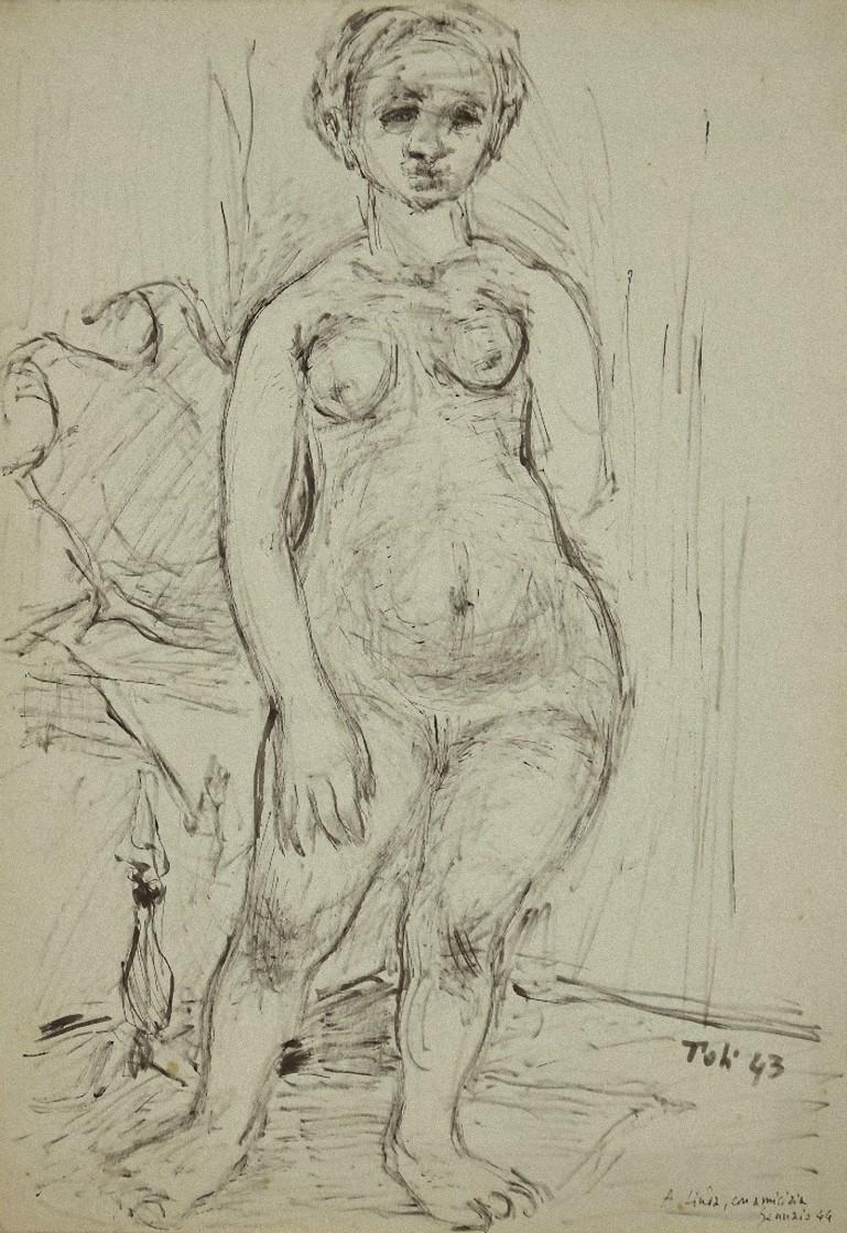 Nude of Woman - Ink Drawing by Toti Scialoja - 1943