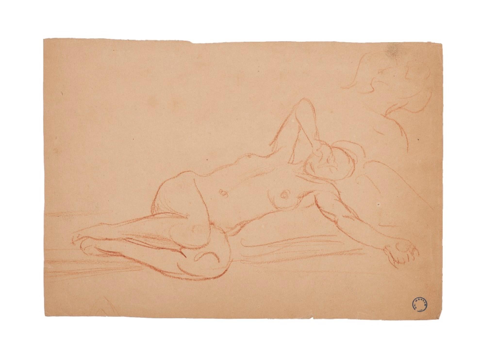 Lying Nude of Woman - Original Pencil by C. L. Moulin - Early 20th Century - Art by Charles Lucien Moulin