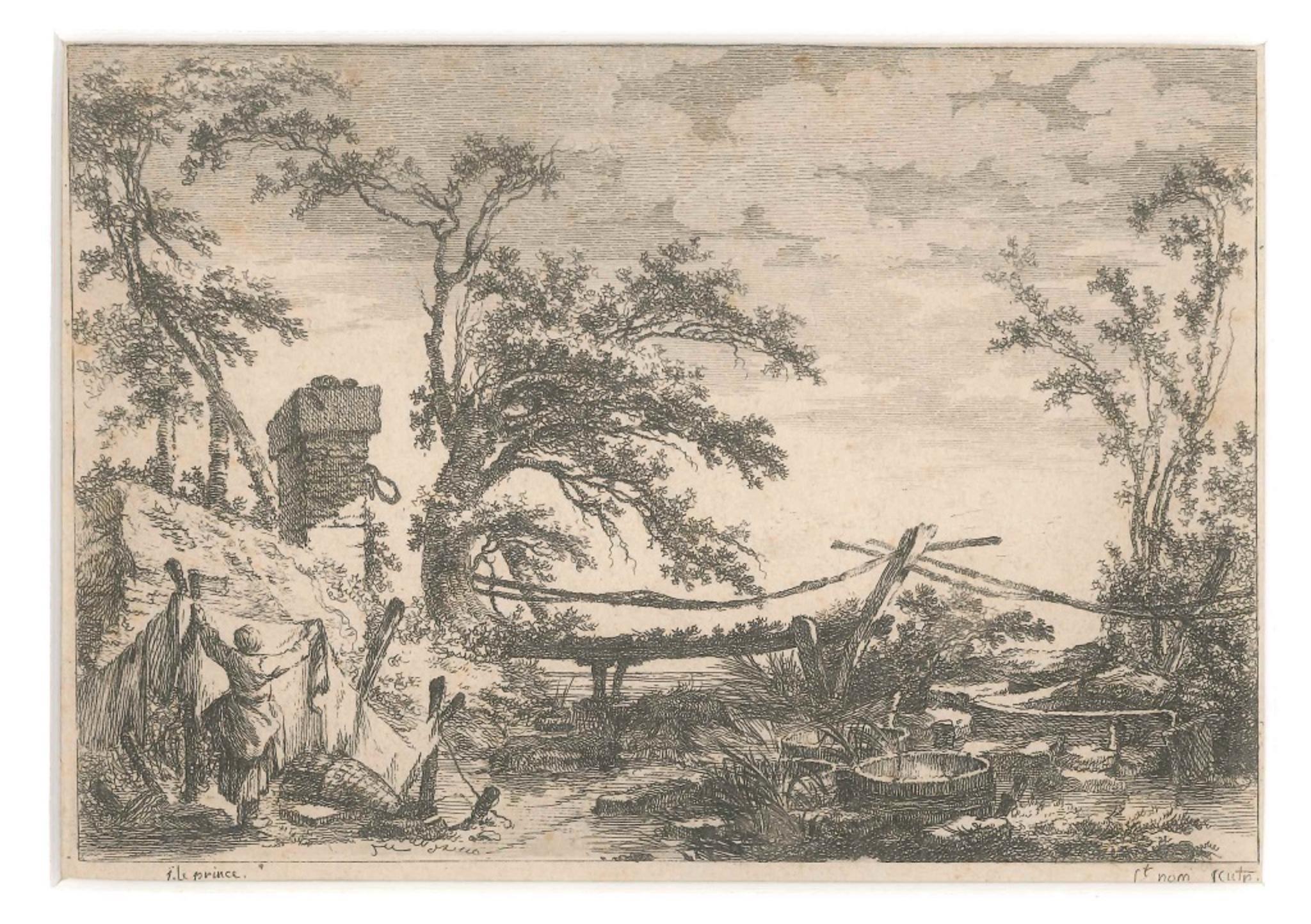 Landscape with Bridge - Etching by J. C. Richard de Saint-Non - 18th Century