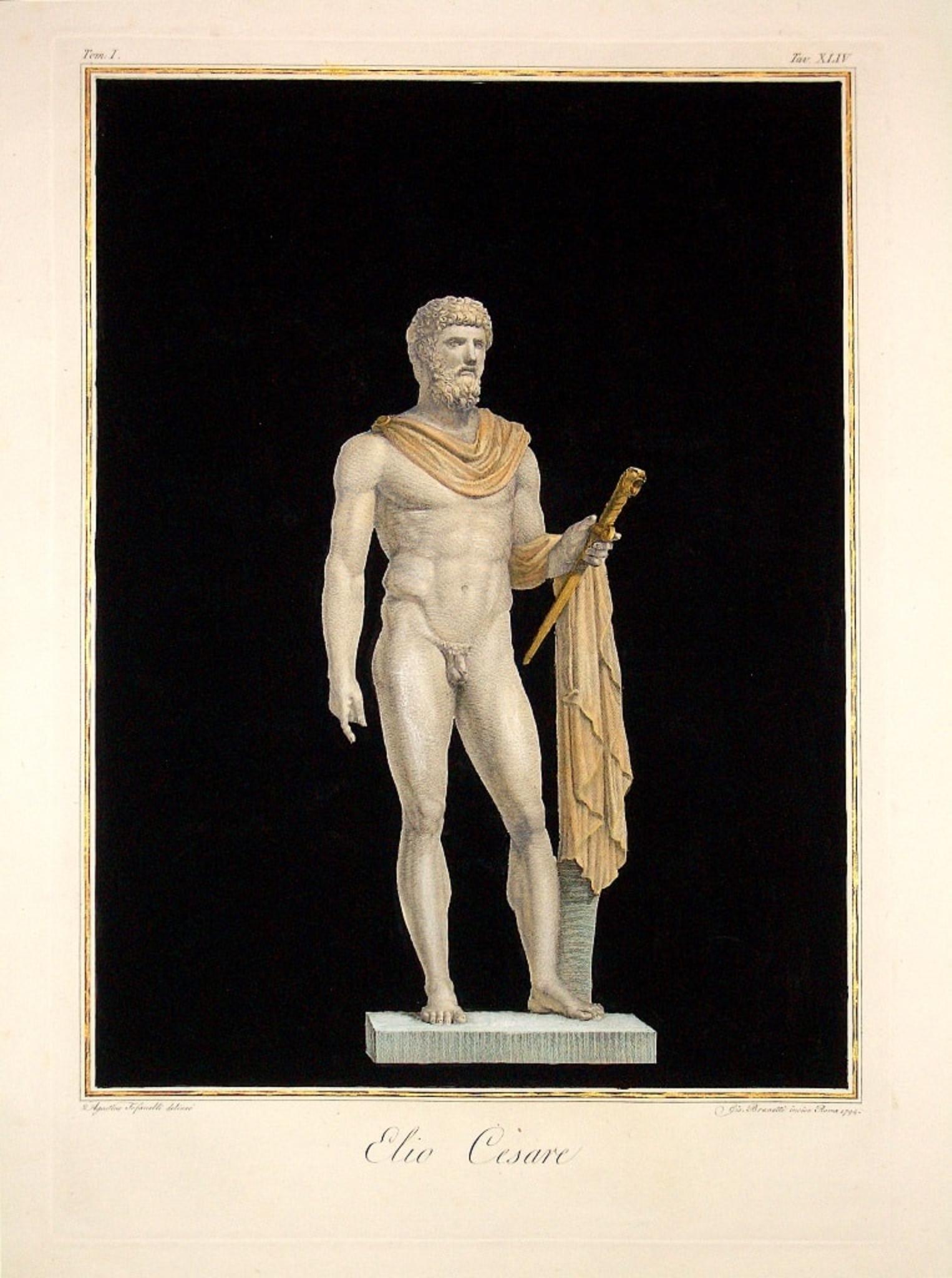 "Elios Cesar" est une gravure originale aquarellée à la main, réalisée en 1794. 
Image Dim : cm 47.5 x 33.5, Dim : cm 59 x 44, Passepartout Dim : cm 69 x 49.

Gravure précieuse sur cuivre, sujet coloré à la main sur fond d'encre noire. 
Dessinée par