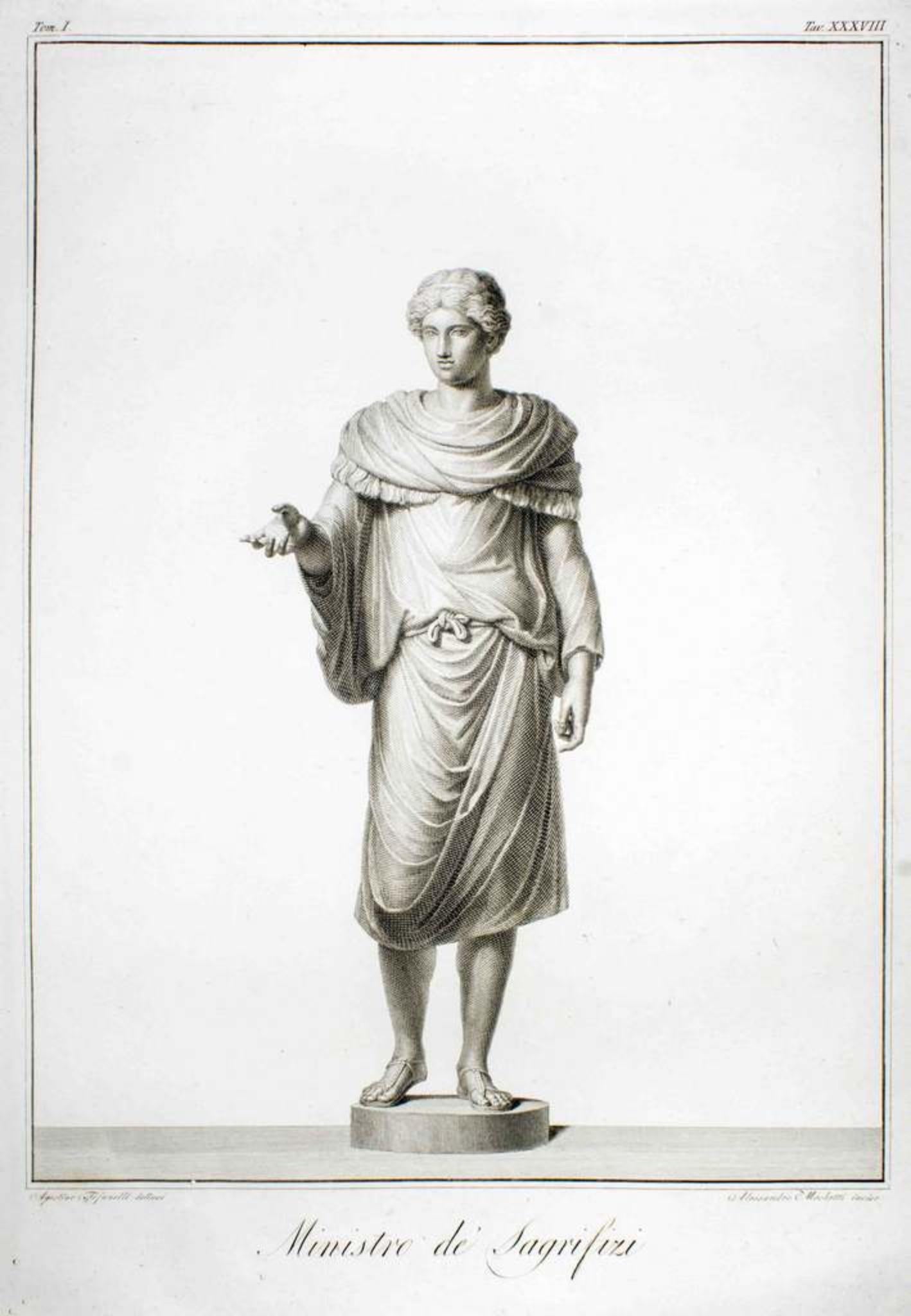 Ministre des Sacrifices (Titre original : "Ministro de' Sagrifizi") est une gravure originale réalisée en 1794.

Image Dim : cm 48 x 33, Dim : cm 59 x 44.

Merveilleuse gravure N/B sur cuivre. Dessiné par Agostino Tofanelli et gravé par Alessandro