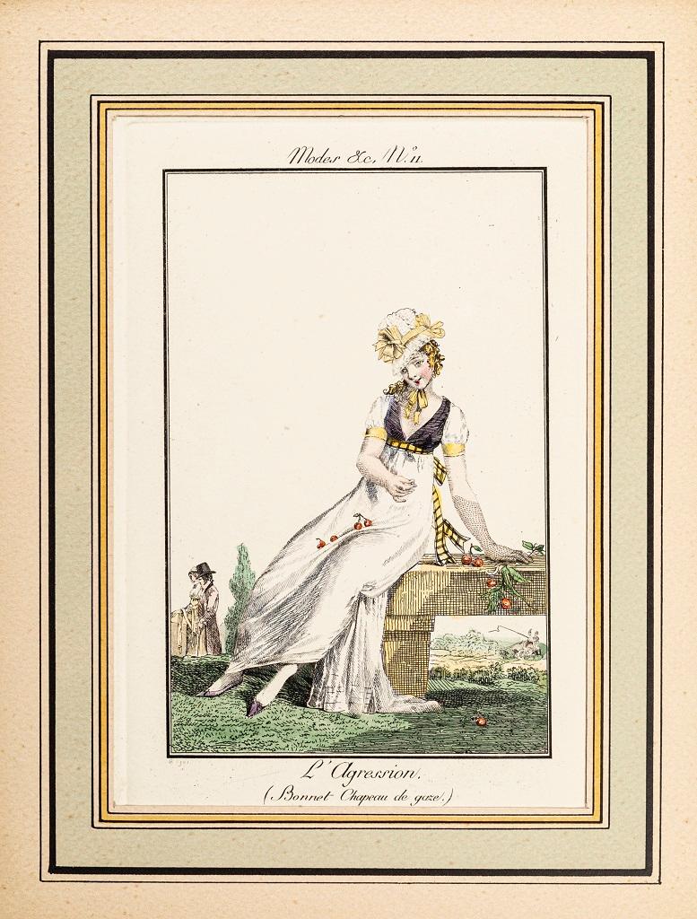 L'aggression (Bonnet Chapeau de gaze) is a hand-watercolored etching on paper realized in 1800 by the French artist Louis-Philibert Debucourt (1755-1832). 

This is an original illustration (plate n. 11) for the Modes and Manière du Jour, published