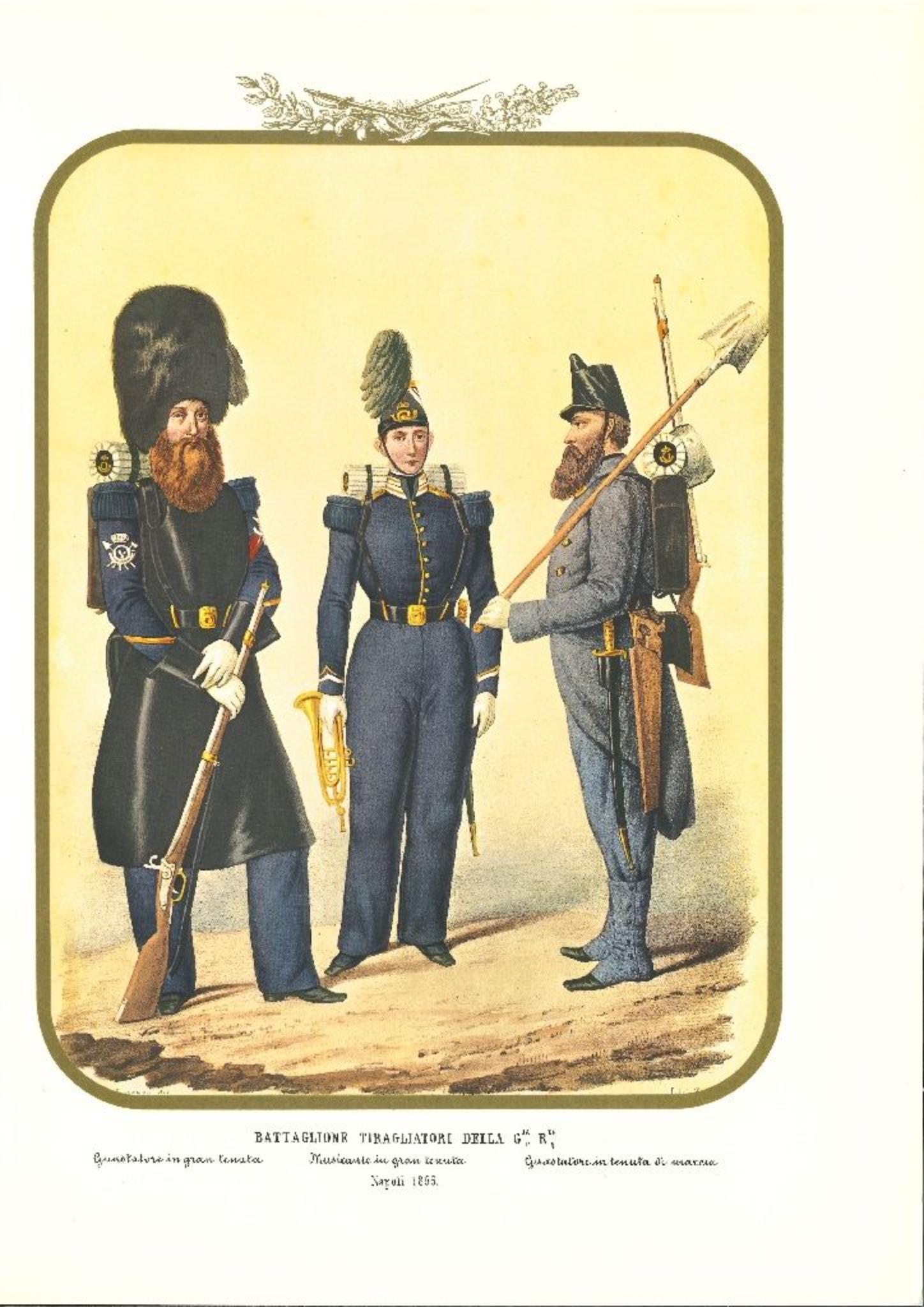 Antonio Zezon Figurative Print - Second Royal Guard Shooter Battalion - Original Lithograph by A. Zezon - 1856