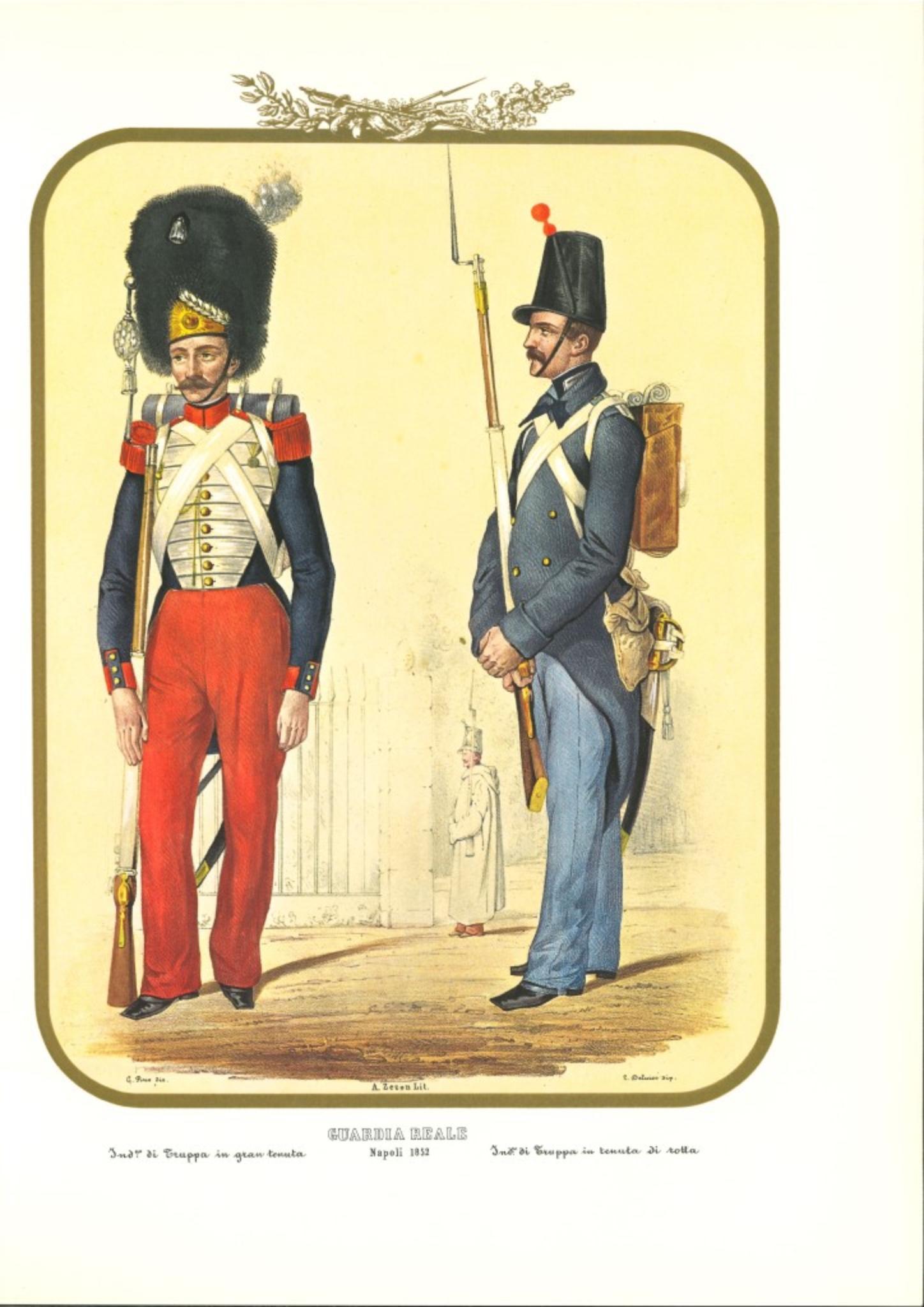 Guardia Real es una litografía de Antonio Zezon. Nápoles 1852.

Interesante litografía en color que describe a dos miembros de la Guardia Real: Individuo de Tropa en perfecto estado e Individuo de Tropa listo para marchar.

En excelente estado,