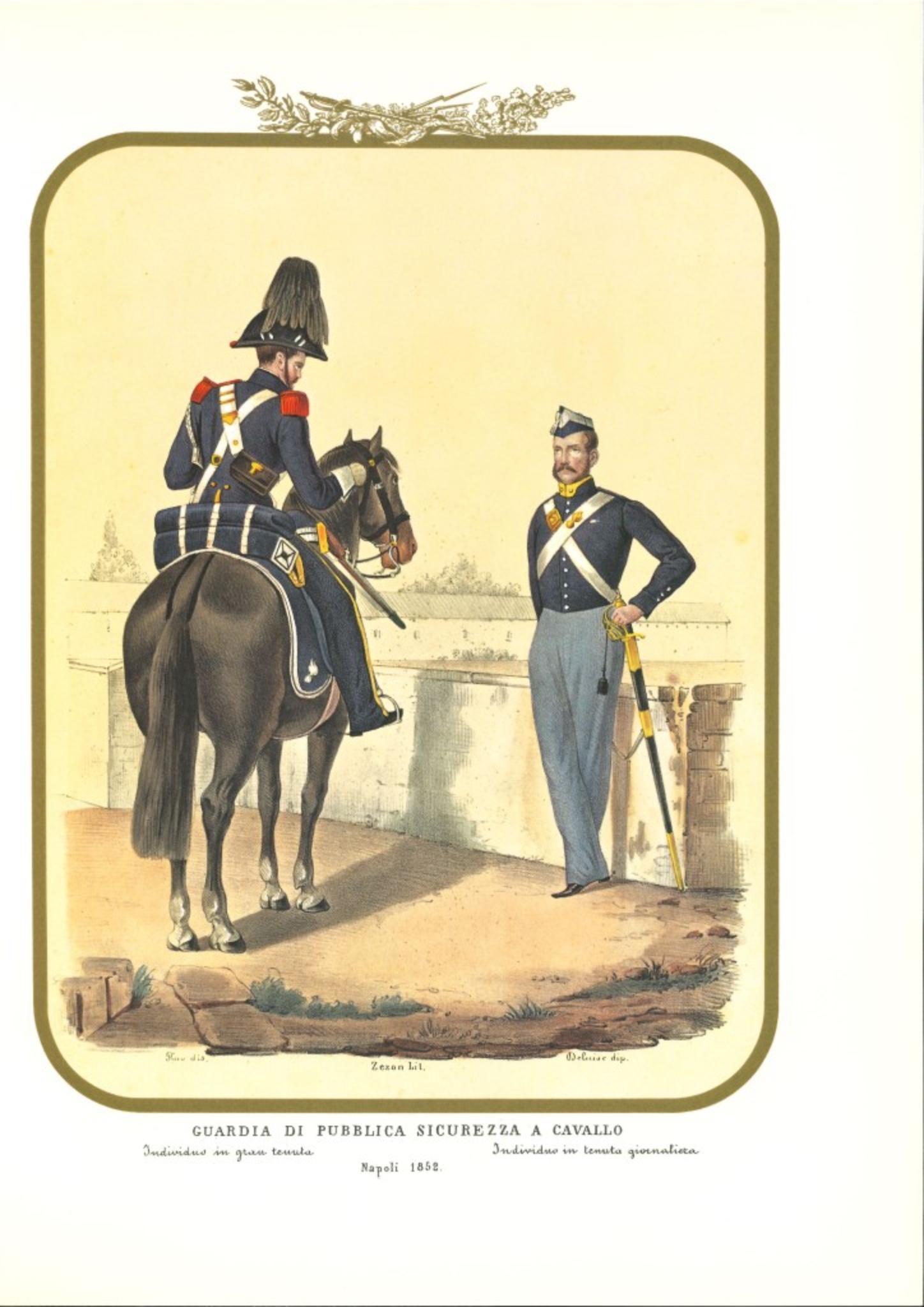 Caballo Guardia de Seguridad Pública es una litografía original de Antonio Zezon. Nápoles 1852.

Interesante litografía en color que describe a algunos miembros de la Guardia de Seguridad Pública a caballo: 
Individuo montando a caballo con gran