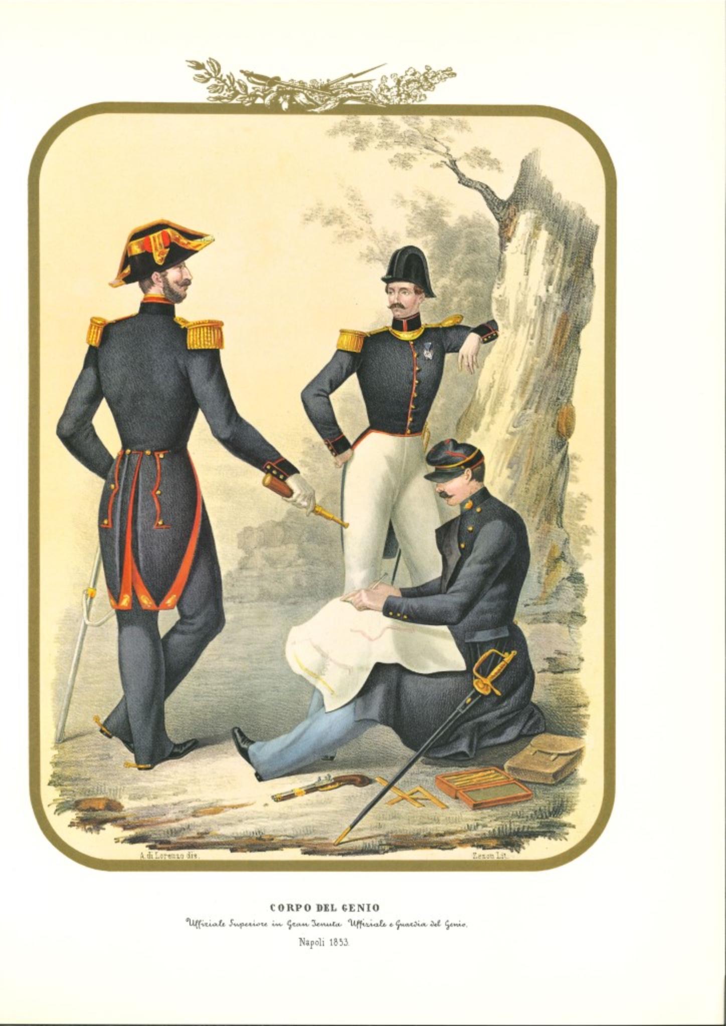 The Genius Corps is an original lithograph by Antonio Zezon. Naples 1853.

Interesting colored lithograph which describes a Superior Official in great condition, an Official and a Guard of the Genius.

In excellent condition, this print belongs to