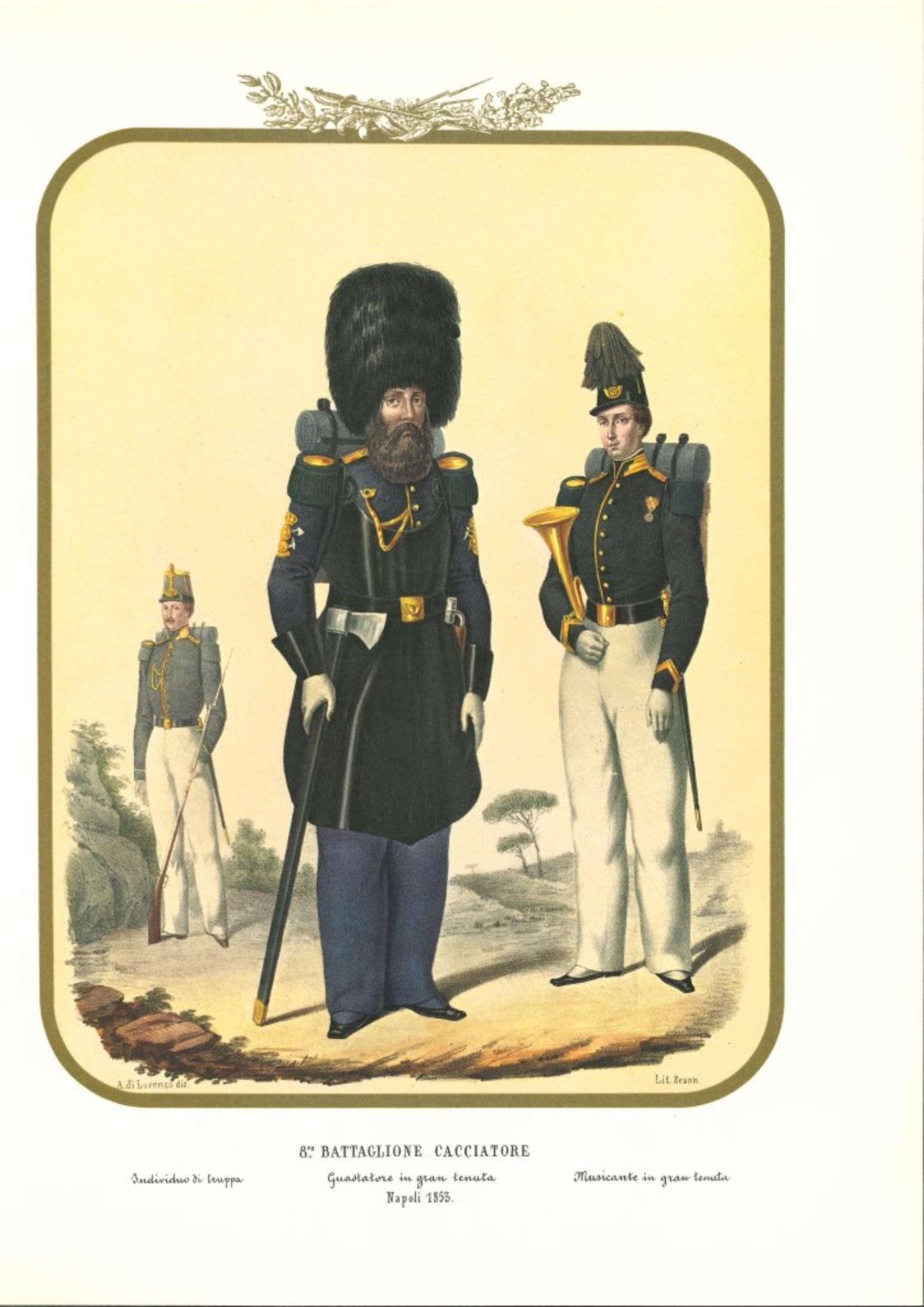 VIII Hunter Battalion est une lithographie originale d'Antonio Zezon. Naples 1853.

Intéressante lithographie en couleur qui décrit certains membres du bataillon des chasseurs : Un Spoiler en grande condition - Individus en grande condition

En