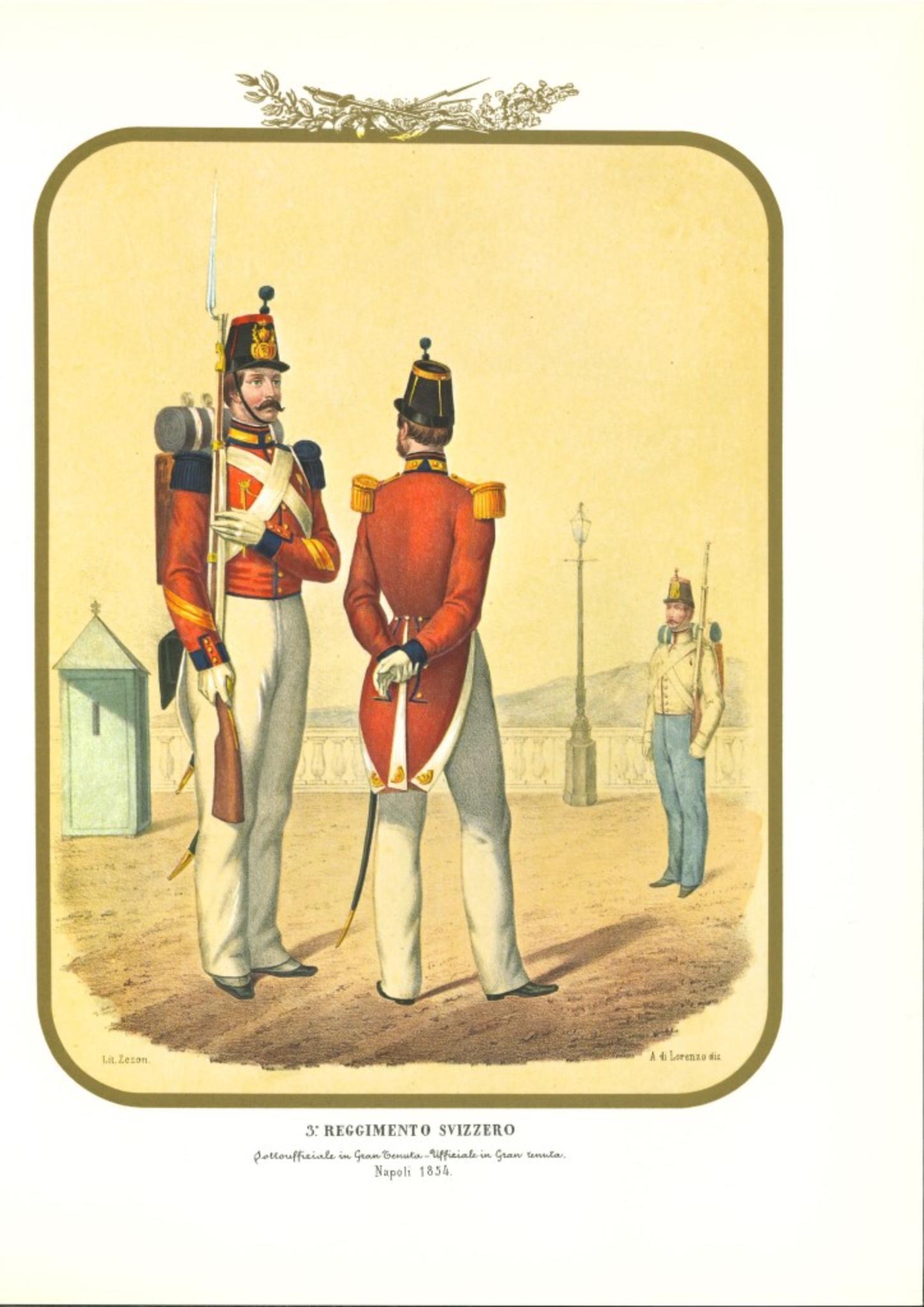 III Swiss Regiment is an original lithograph by Antonio Zezon. Naples 1854.

Interesting colored lithograph which describes some members of the Swiss Regiment: In the foreground an sub-Officer in full dress alongside with an Official in great