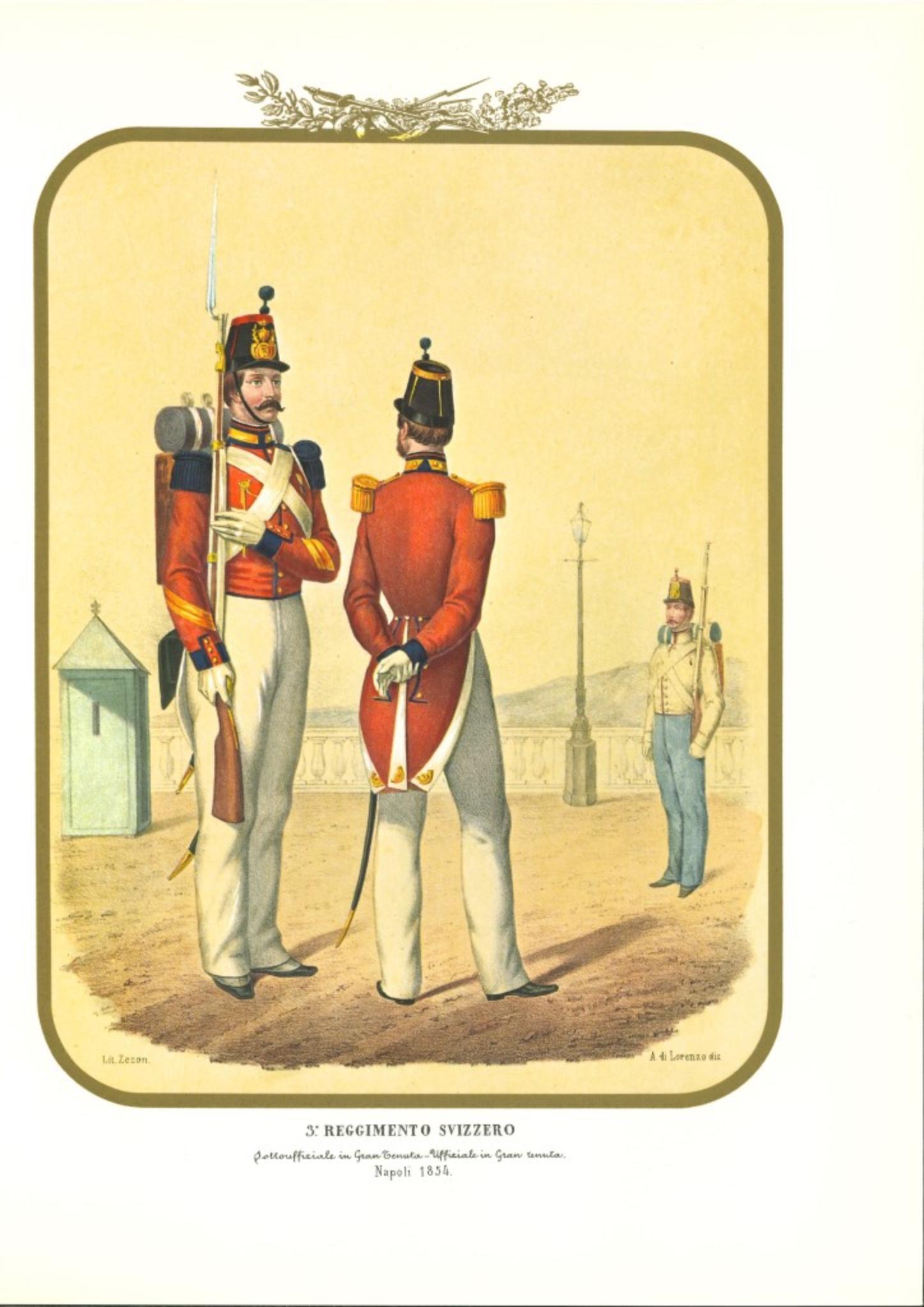 III Reggimento Svizzero è una litografia originale di Antonio Zezon. Napoli 1854.

Interessante litografia a colori che descrive alcuni membri del Reggimento svizzero: In primo piano un sottoufficiale in abito completo insieme a un ufficiale in
