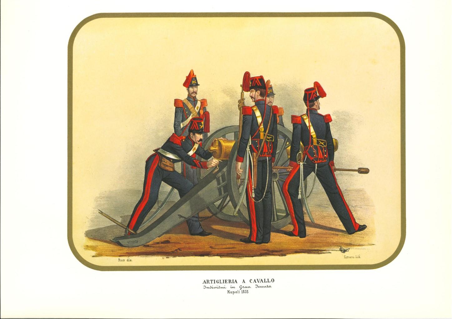 Artillerie à cheval k est une lithographie d'Antonio Zezon. Naples 1853.

Intéressante lithographie en couleur qui décrit un corps spécial de l'artillerie.

En excellent état, cette estampe fait partie de l'une des plus célèbres collections