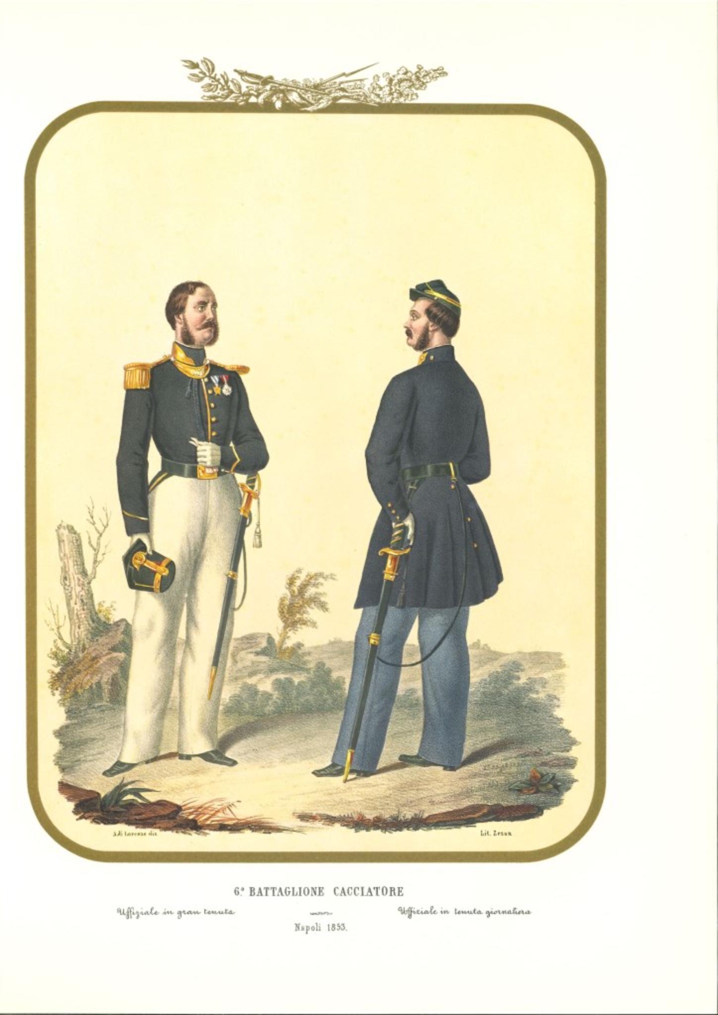 VI Hunter Battalion ist eine Original-Lithografie von Antonio Zezon. Neapel 1853.

Interessante Farblithografie, die einige Mitglieder des Jägerbataillons beschreibt:  Beamter in Ausgehuniform - Beamter in Alltagskleidung

Dieses Blatt ist in