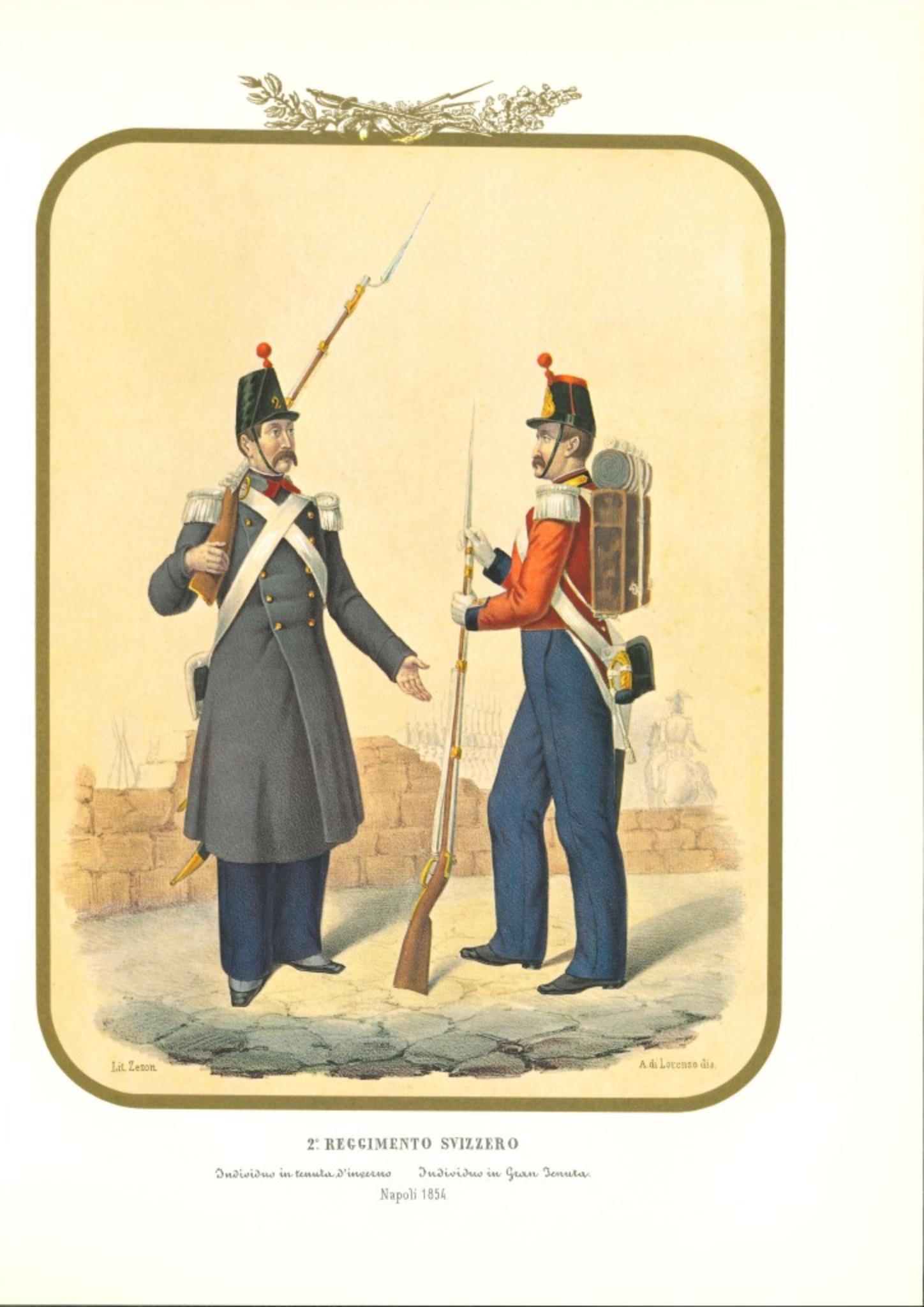 II Swiss Regiment is a lithograph by Antonio Zezon. Naples 1854.

Interesting colored lithograph which describes some members of the Swiss Regiment: Individual in winter outfit - Individual in uniform dress.

In excellent condition, this print