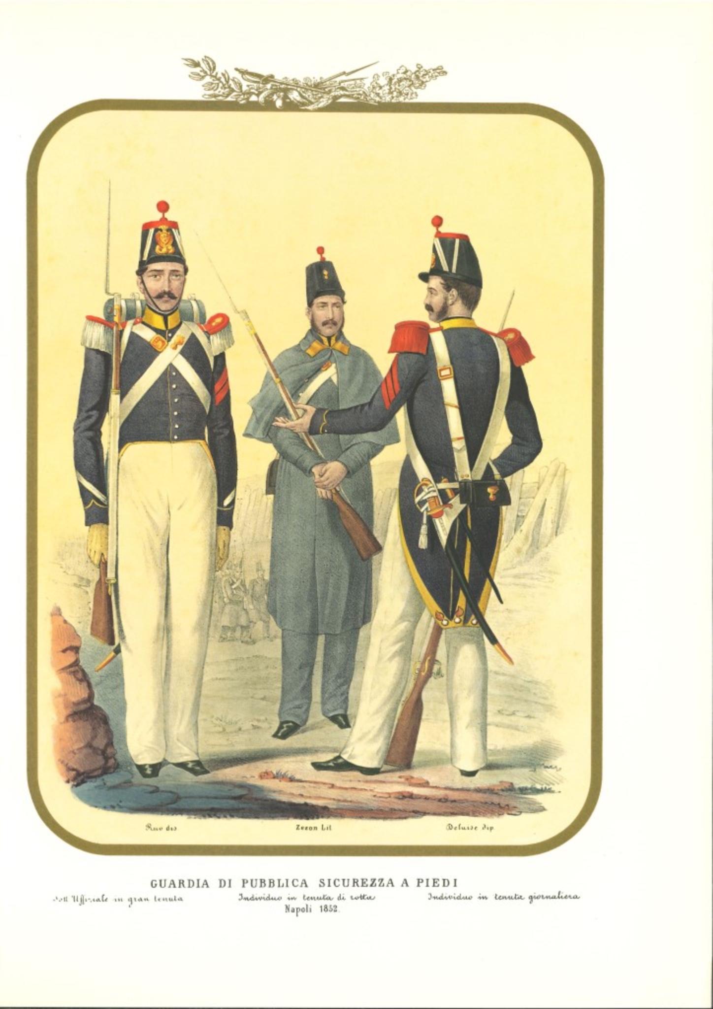 Public Security Guard is a lithograph by Antonio Zezon. Naples 1852.

Interesting colored lithograph which describes some members of the Public Security Guard on Foot: 
Sub-Official in great dress - Individual ready to march - Individual in daily