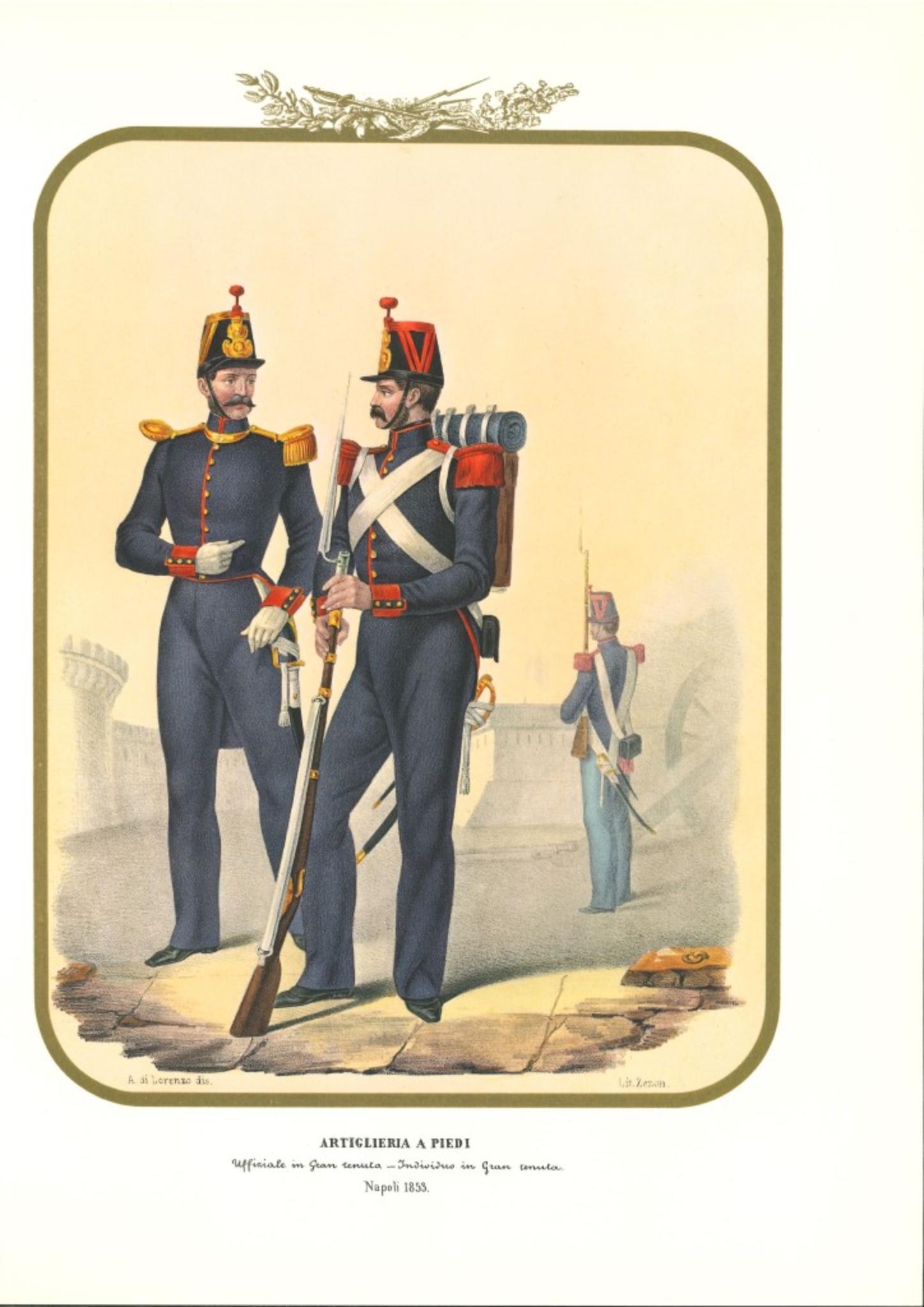 Artillery is a lithograph by Antonio Zezon. Naples 1853.

Interesting colored lithograph which describes some members of the Artillery:  Official in dress uniform - Individual in dress uniform.

In excellent condition, this print belongs to one of
