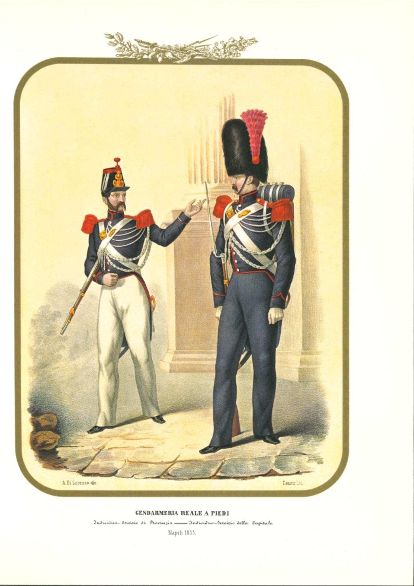 La Gendarmerie royale à pied est une lithographie d'Antonio Zezon. Naples 1853.

Intéressante lithographie en couleur qui décrit un individu de la Gendarmerie royale : Agent du service provincial - Service officiel de la capitale.

En excellent