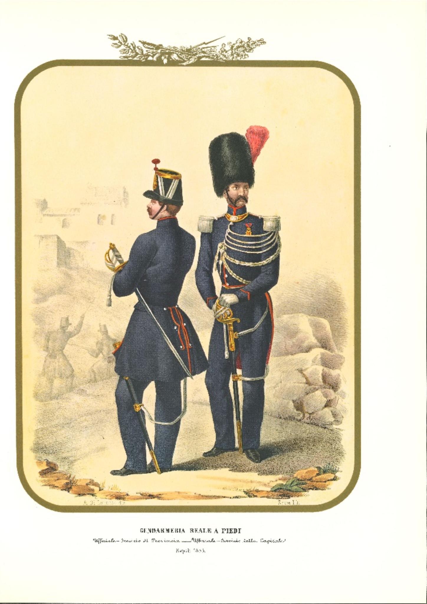 La Gendarmerie royale à pied est une lithographie originale d'Antonio Zezon. Naples 1853.

Intéressante lithographie en couleur qui décrit un Officier de la Gendarmerie Royale : Officier du service provincial - Service officiel de la capitale.

En