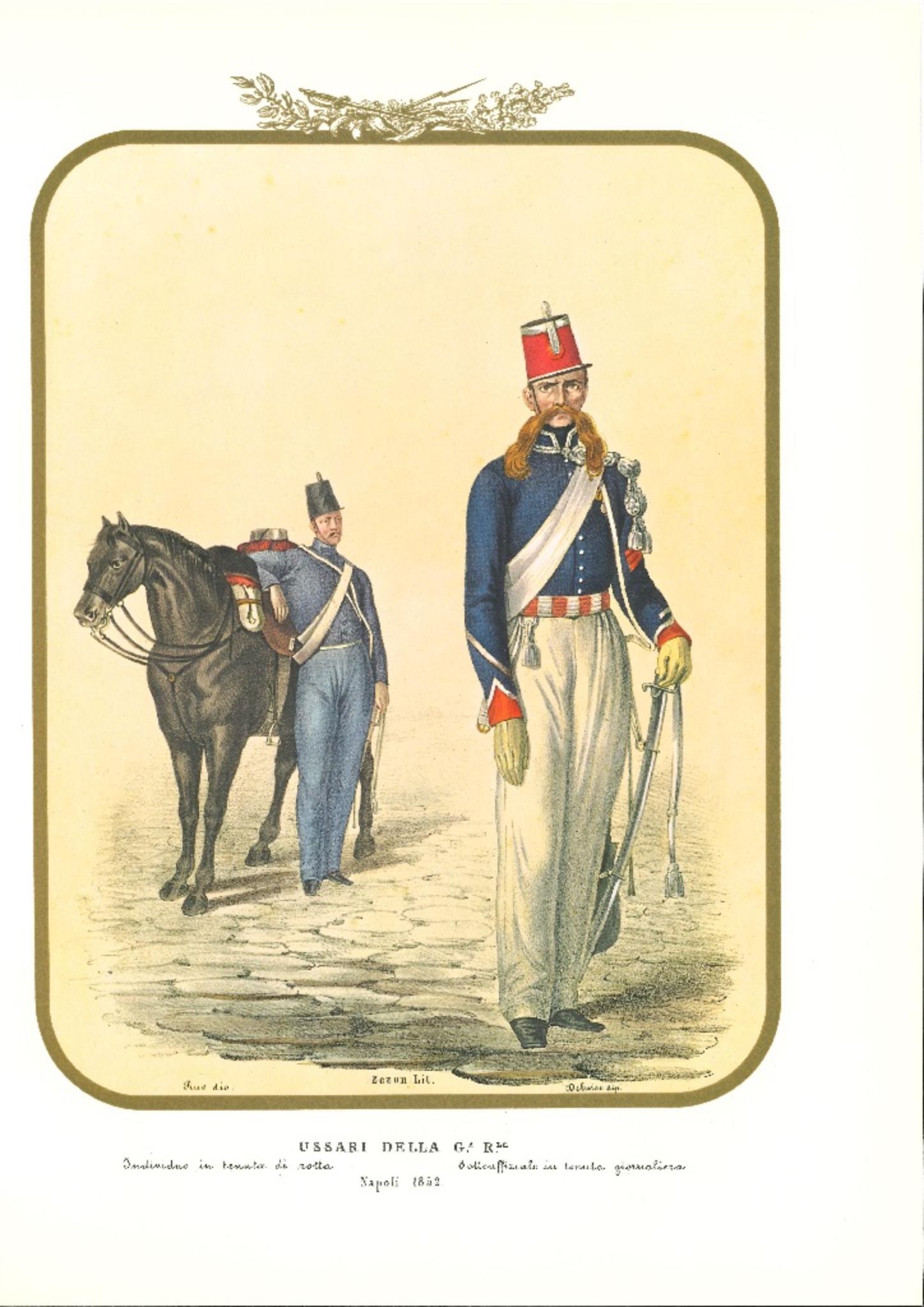 Húsares de la Guardia Real es una litografía original de Antonio Zezon. Nápoles 1852.

Interesante litografía en color que describe a algunos miembros de la Guardia Real: un suboficial en traje de diario y un Individuo listo para marchar.

En