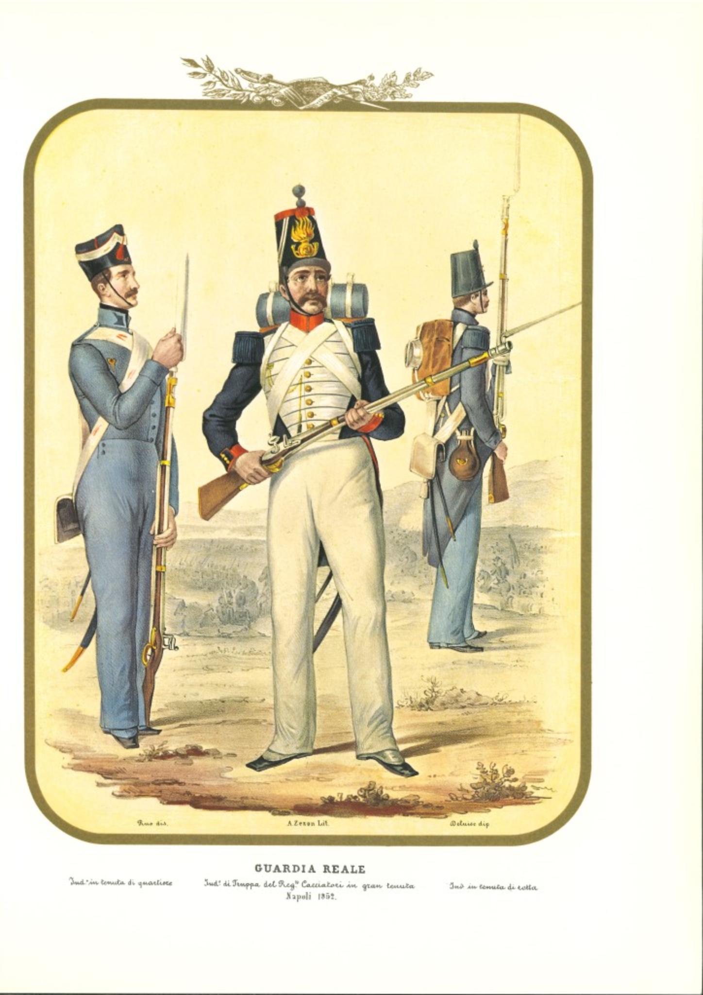 Real Guard is a lithograph by Antonio Zezon. Naples 1852.

Interesting colored lithograph which describes some members of the Real Guard: An Individual in great condition, a Troop Individual of the Regiment Hunters in great dress and an Individual