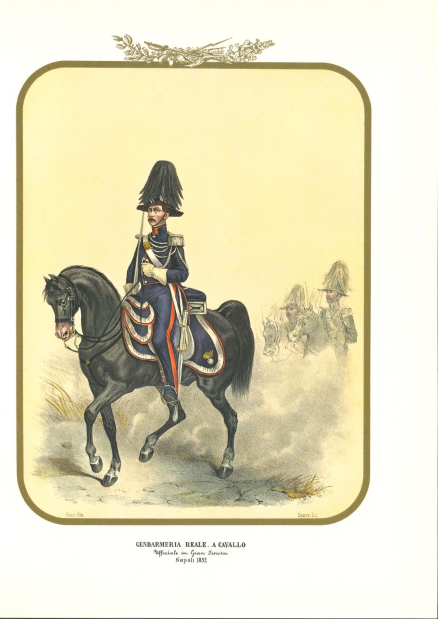 La Gendarmerie royale à cheval est une lithographie d'Antonio Zezon. Naples 1852.

Intéressante lithographie en couleur qui décrit un officier de la gendarmerie royale chevauchant son cheval.

En excellent état, cette estampe appartient à l'une des