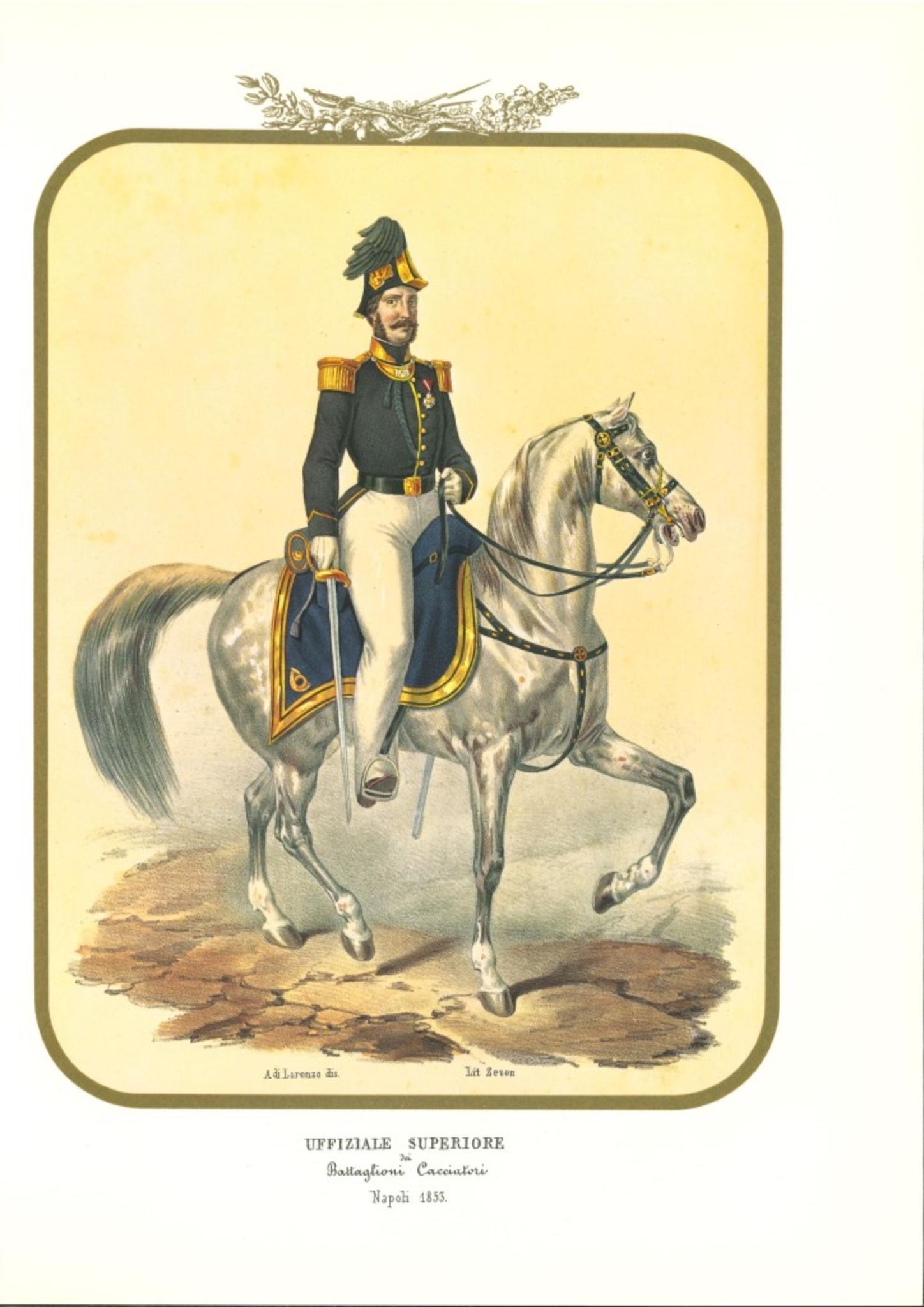 Senior Officer is a lithograph by Antonio Zezon. Naples 1853.

Interesting colored lithograph which describes a Senior Officer of the Hunter Battalions riding his horse.

In excellent condition, this print belongs to one of the most famous