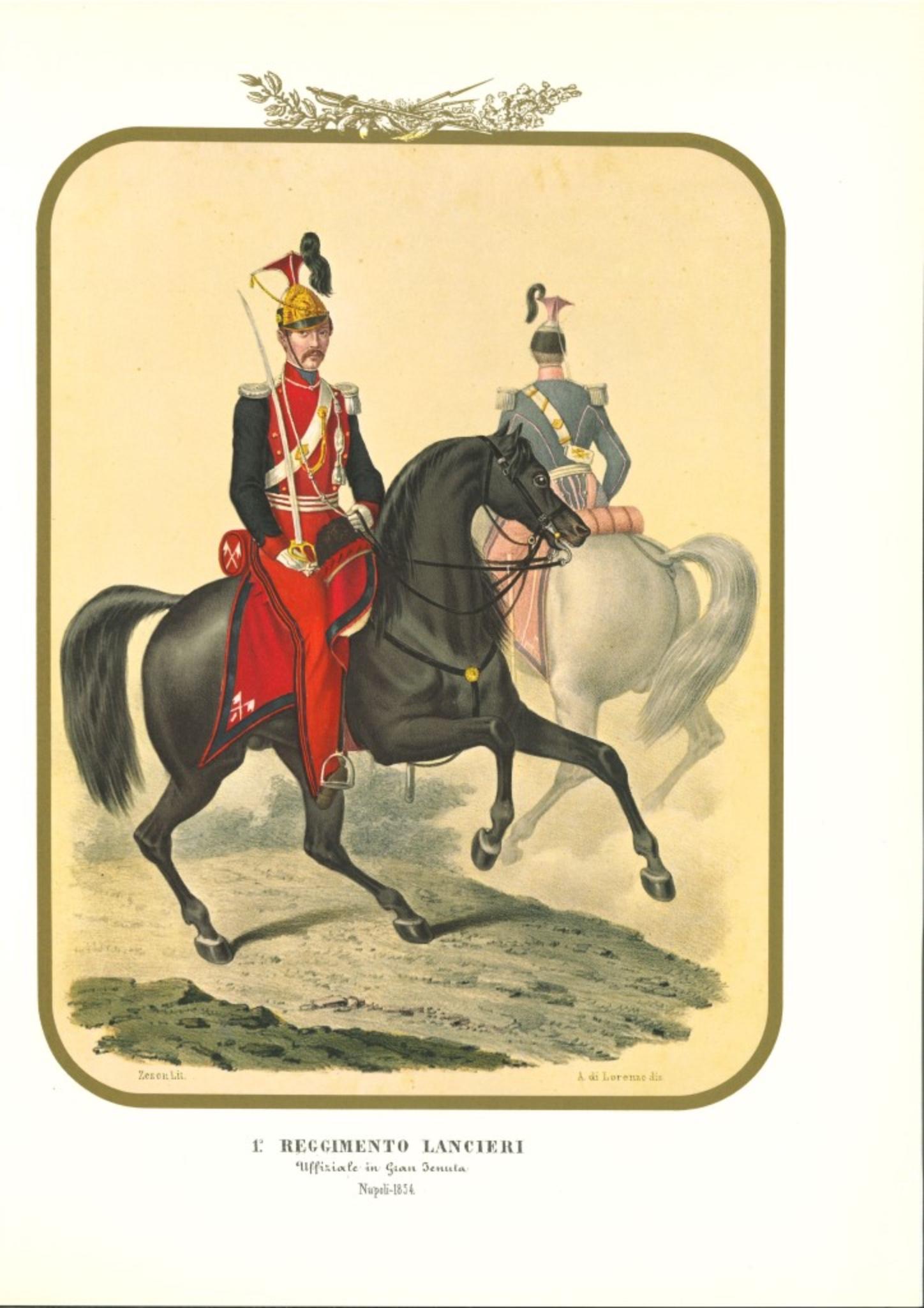I Lancers Regiment is a lithograph by Antonio Zezon. Naples 1854.

Interesting colored lithograph which describes two members of the Lancers Regiment: in the foreground an Officer riding his horse.

In excellent condition, this print belongs to one
