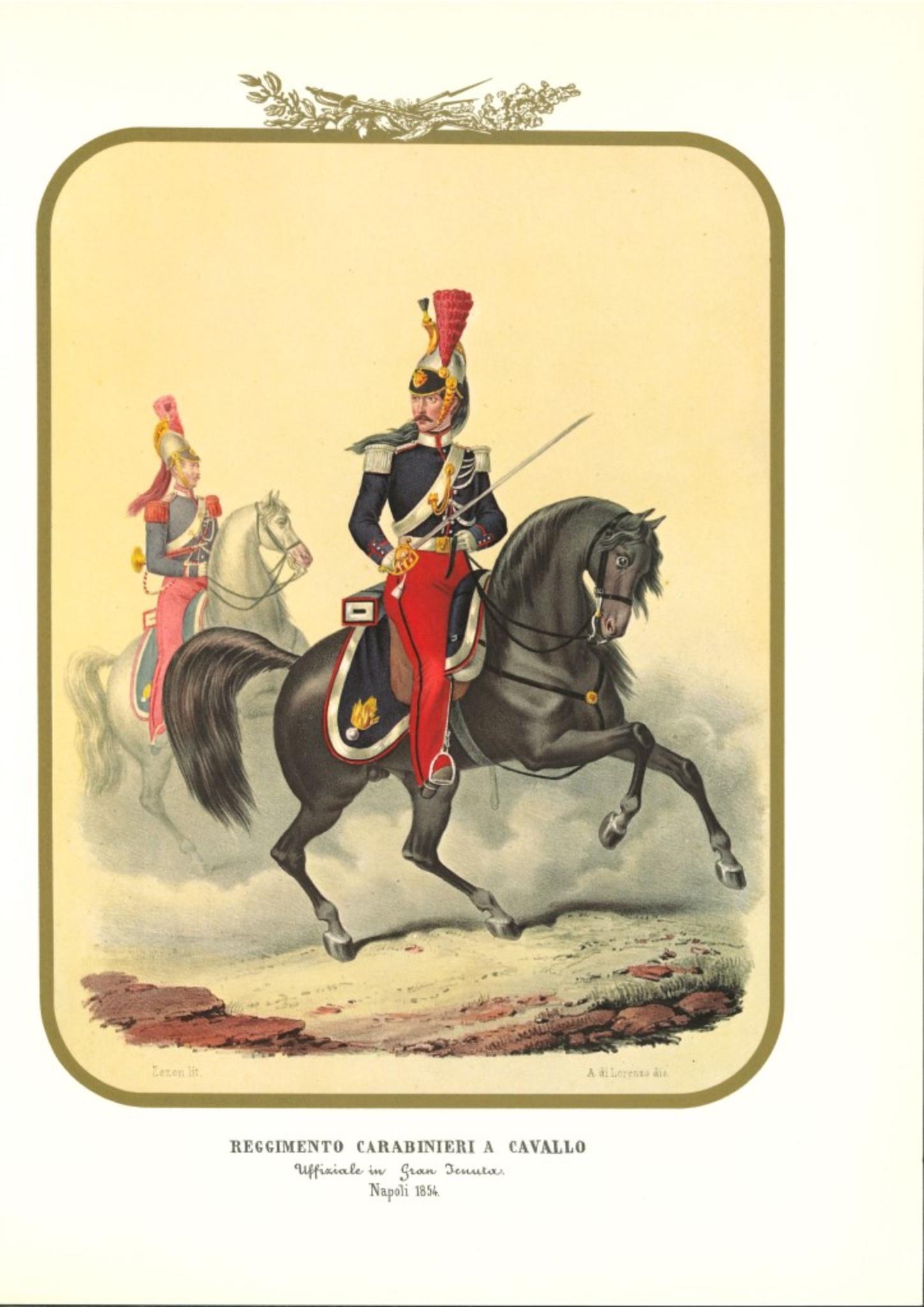 Regimiento de Carabinieri a caballo es una litografía original de Antonio Zezon. Nápoles 1854.

Interesante litografía en color que describe a dos miembros del Regimiento de Carabinieri a caballo: Individuos en varias fincas montando sus