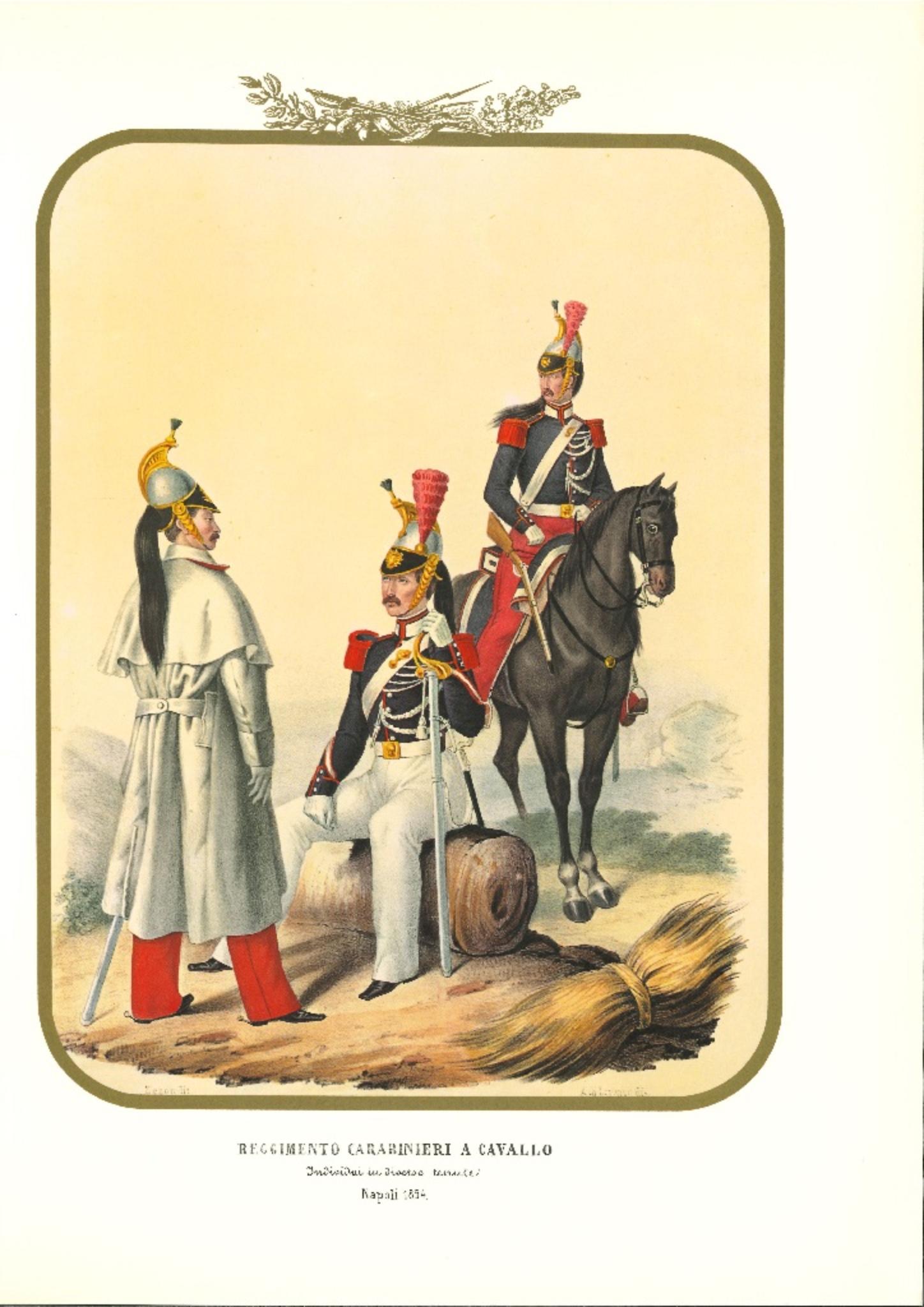 Carabinieri Regiment on Horseback is a lithograph by Antonio Zezon. Naples 1854.

Interesting colored lithograph which describes three members of the Carabinieri Regiment on Horseback: Individuals in several estates including one of them riding his