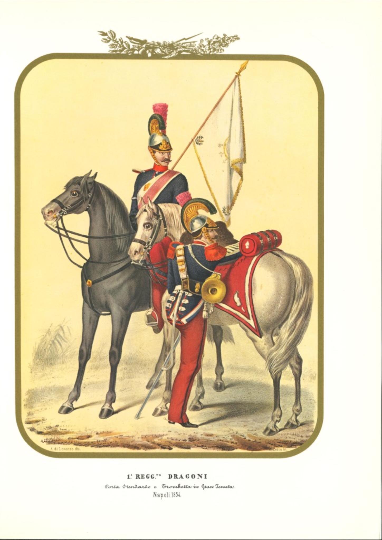I Dragons Regiment ist eine Lithographie von Antonio Zezon. Neapel 1854.

Interessante kolorierte Lithographie, die zwei Mitglieder des Dragonerregiments auf ihrem Pferd zeigt: Ein Standartenträger und ein Trompeter in Ausgehuniform.

In