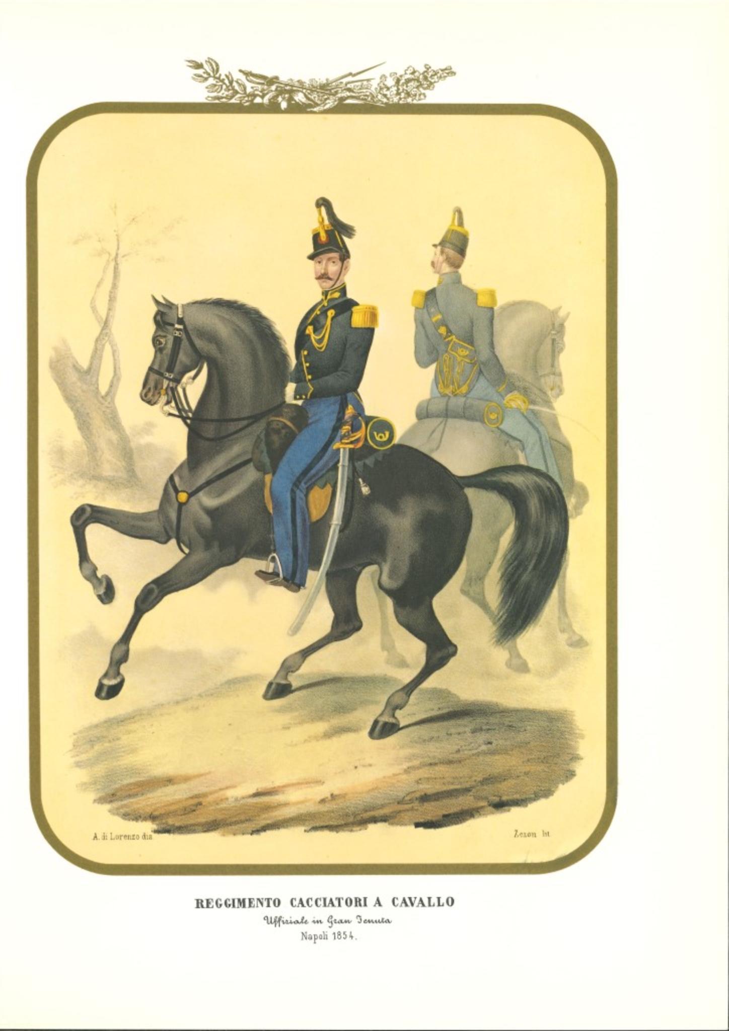 Regimiento de Cazadores a Caballo 2 es una litografía de Antonio Zezon. Nápoles 1854.

Interesante litografía en color que describe a dos miembros del Regimiento de Cazadores a Caballo: en primer plano un Oficial montado en su caballo.

En excelente