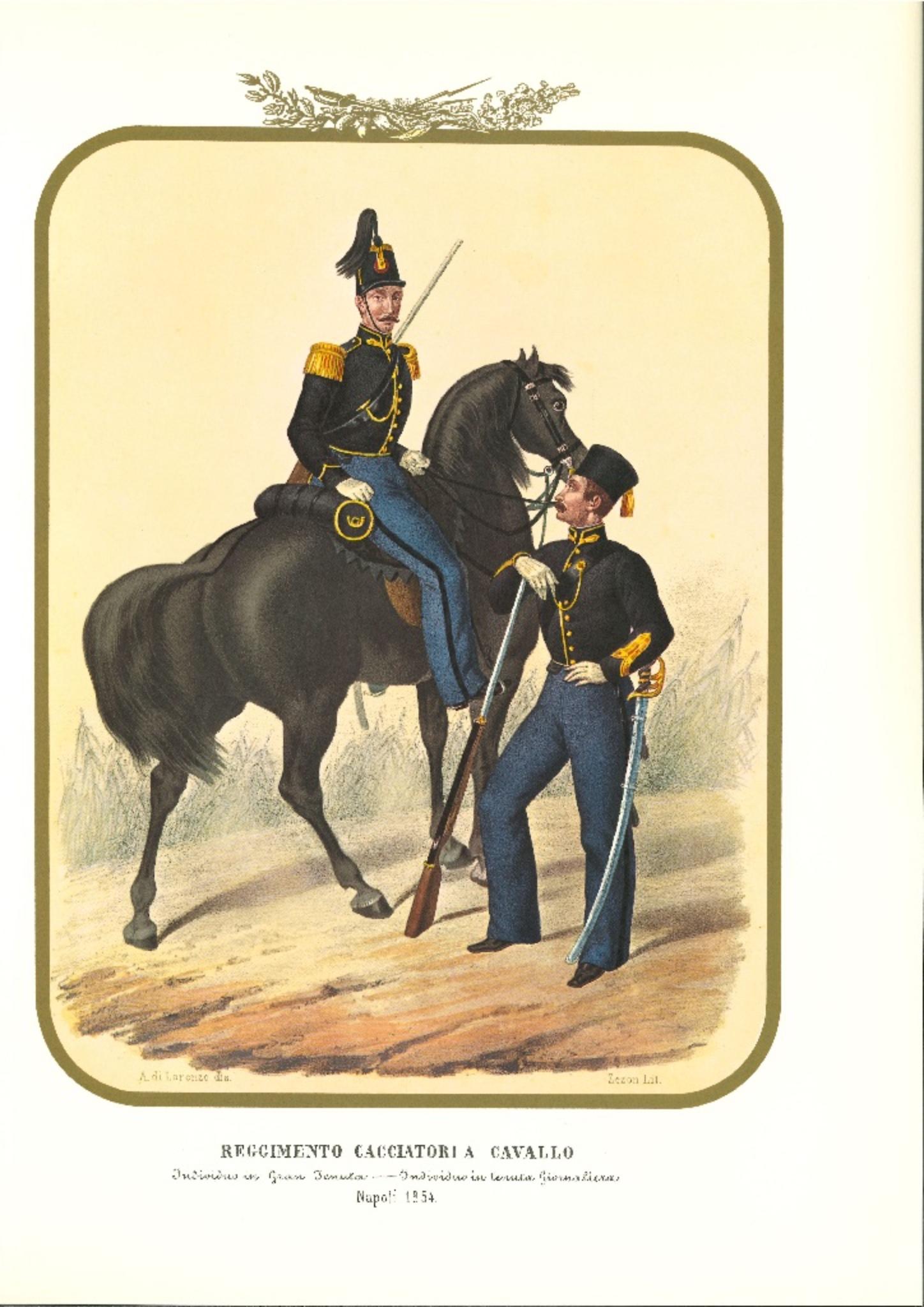 Regimiento de Cazadores a Caballo es una litografía de Antonio Zezon. Nápoles 1854.

Interesante litografía en color que describe a dos miembros del Regimiento de Cazadores a Caballo: un Individuo montado en su caballo y un Individuo en traje de