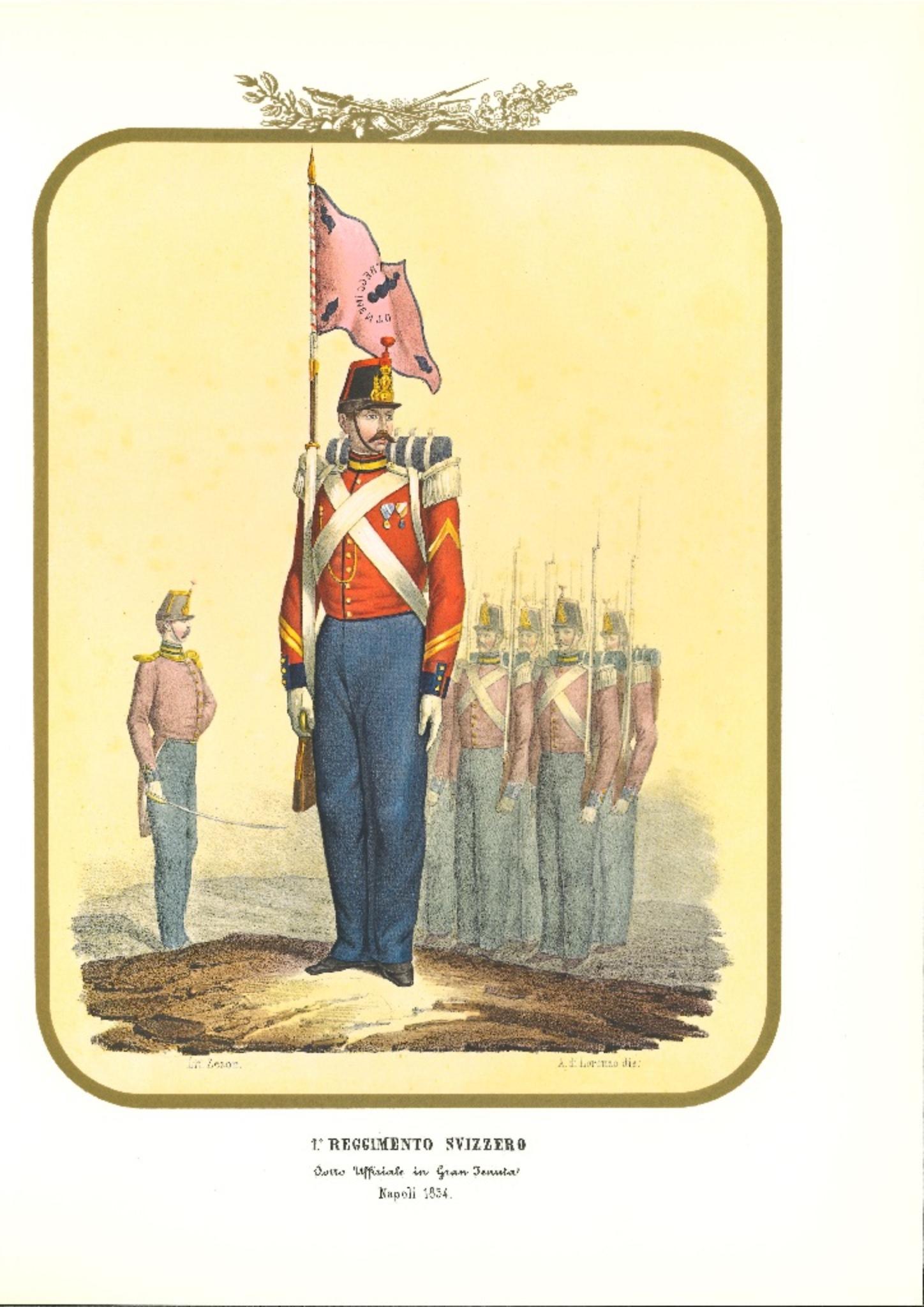 Ejército I Regimiento Suizo es una litografía original de Antonio Zezon. Nápoles 1854.

Interesante litografía en color que describe a algunos miembros del Regimiento Suizo del Ejército: en primer plano un Suboficial en gran estado y al fondo el