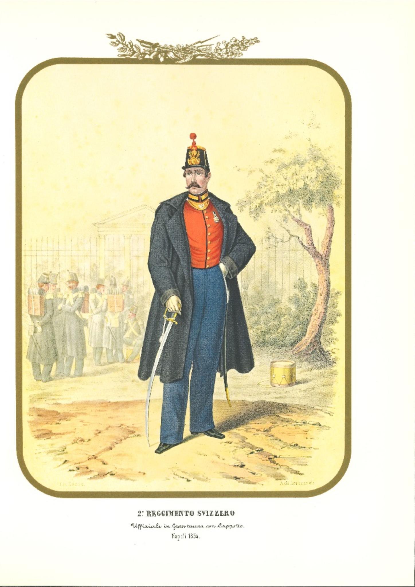 Swiss Regiment is an original lithograph by Antonio Zezon. Naples 1854.

Interesting colored lithograph which describes some members of the Swiss Regiment: In the foreground an Officer in full dress with a coat and other members of the Army in the