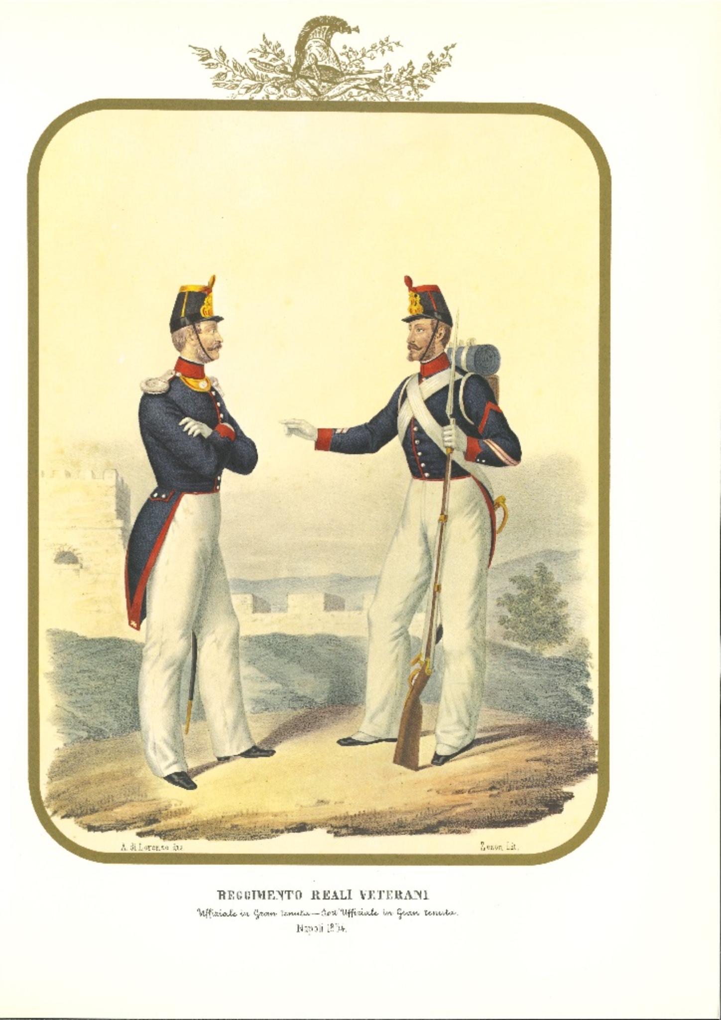Royal Veterans Regiment is an original lithograph by Antonio Zezon. Naples 1854.

Interesting colored lithograph which describes some members of the Army: An Officer and a sub-Officer in dressing uniform.

In excellent condition, this print belongs