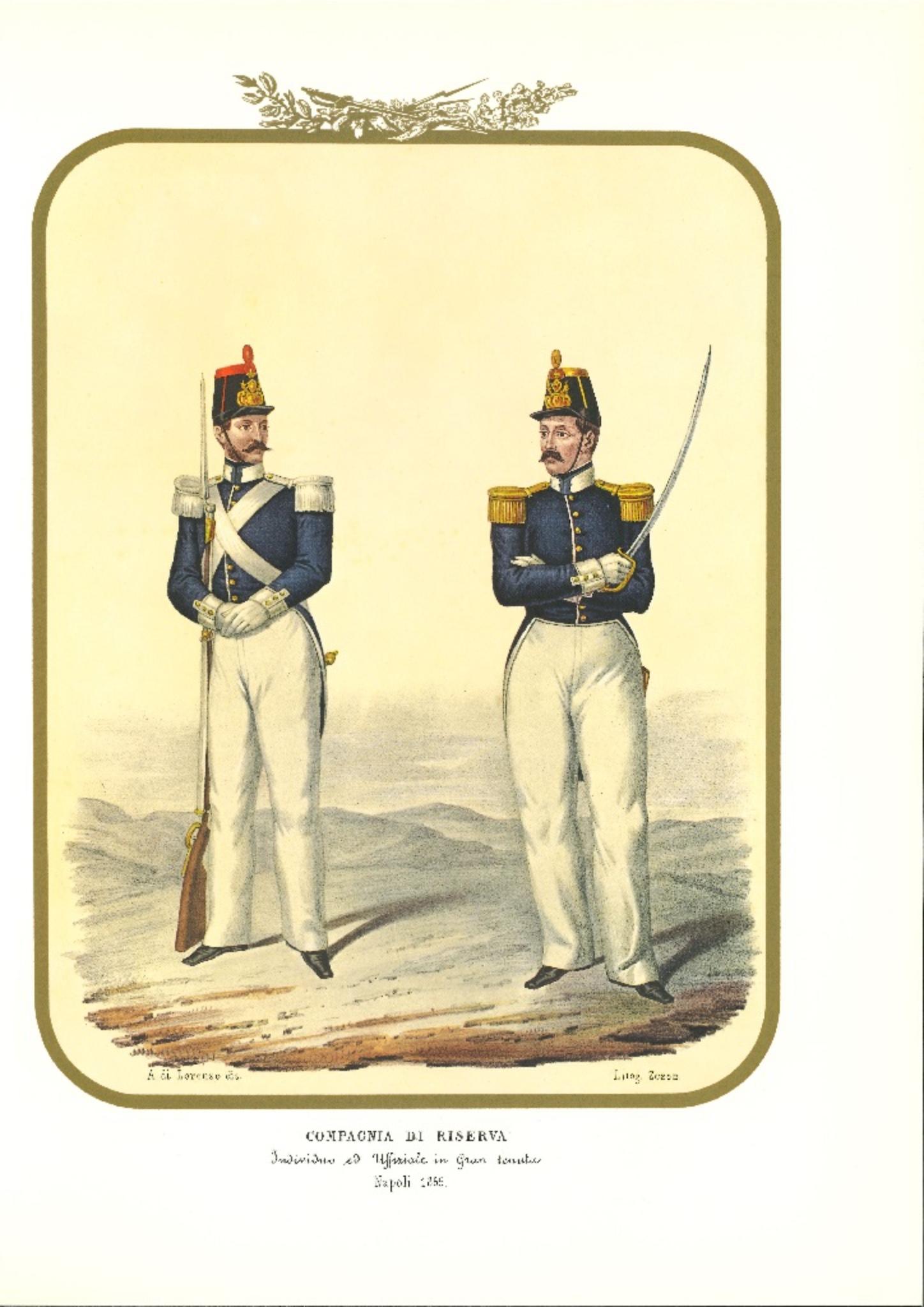 Reserve Company is a lithograph by Antonio Zezon, Naples 1855.

Interesting colored lithograph which describes some members of the Army: An Individual and  Officer in great condition.

In excellent condition, this print belongs to one of the most