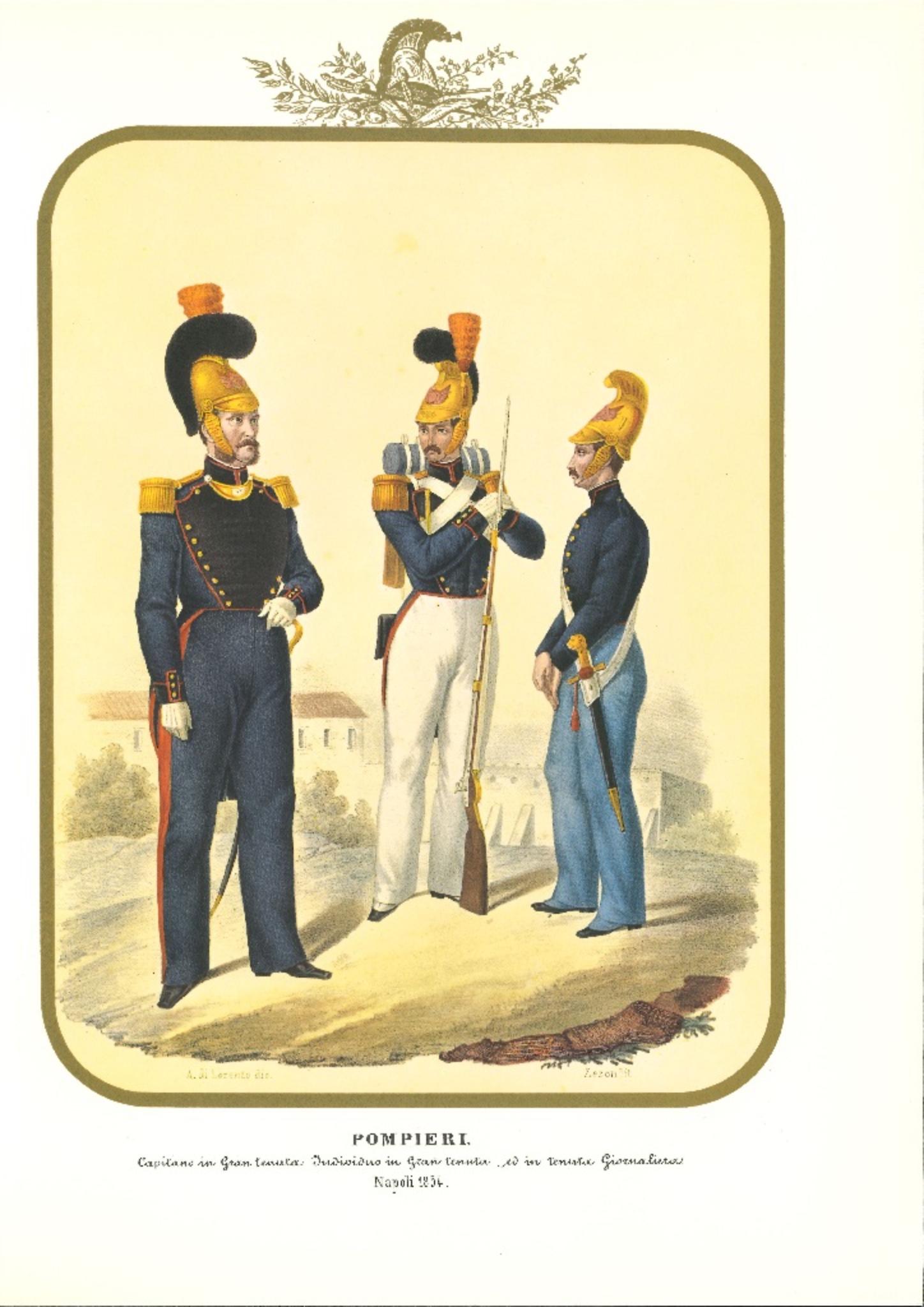 Firefighters is a lithograph by Antonio Zezon. Naples 1854.

Interesting colored lithograph which describes some members of the Army: on the left, a Captain in great condition ; on the center, an Individual in great estate; on the right, an