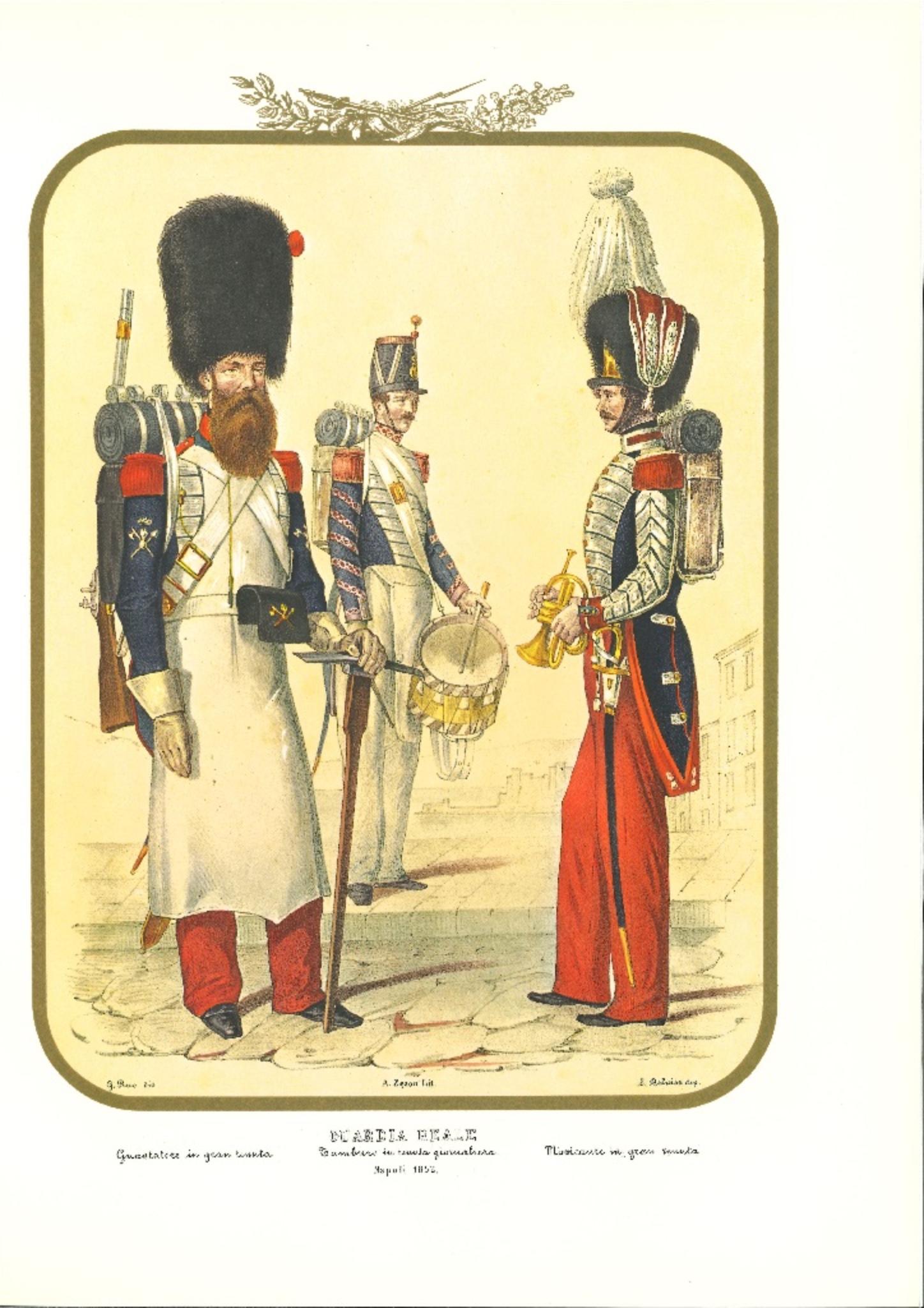 Real Guard is an original lithograph by Antonio Zezon. Naples, 1852.

Interesting colored lithograph which describes the Real Guard, alongside with a Sapper in dressing uniform, a Guard playing the drum in daily clothing and Musician in dressing