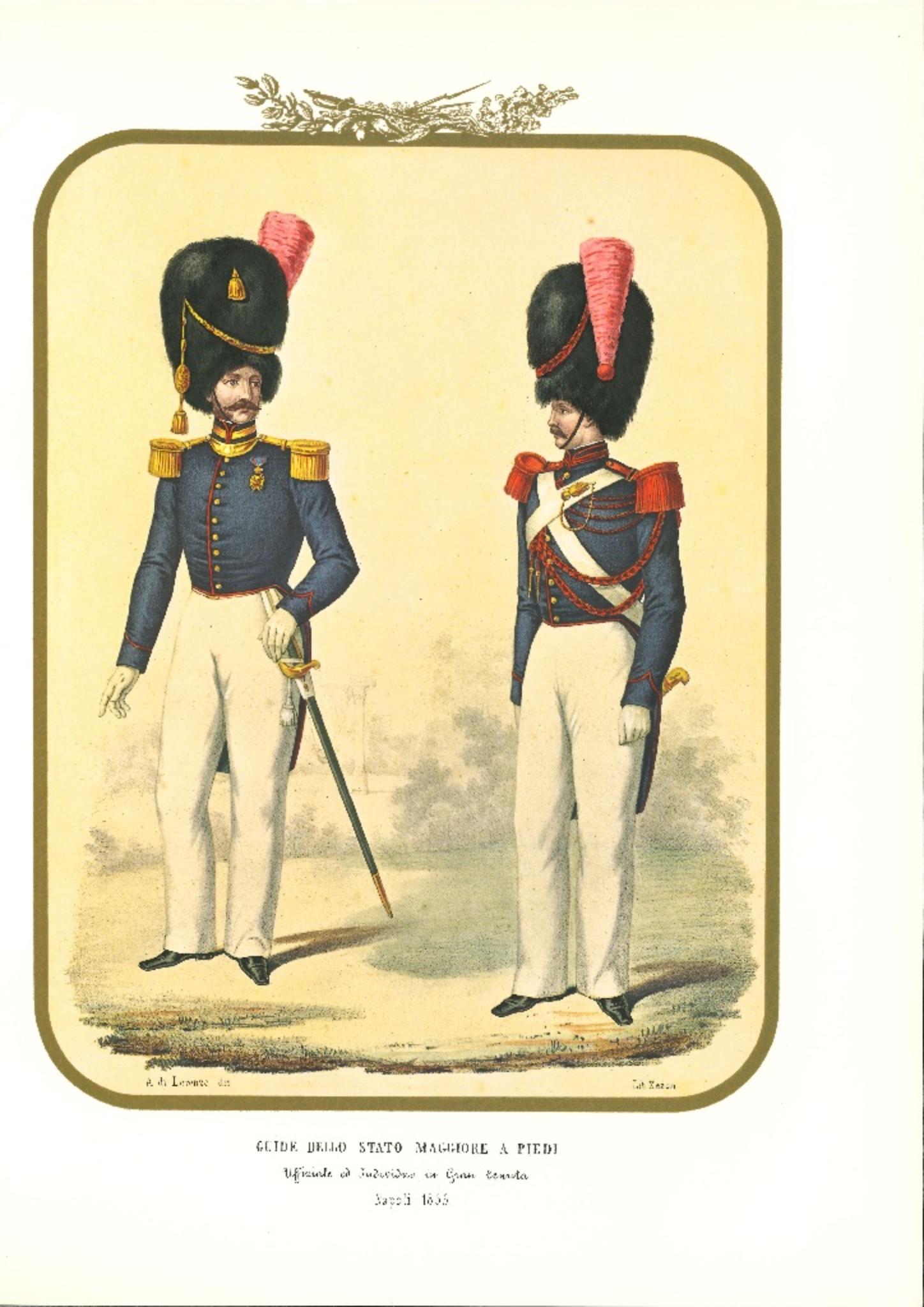 Guides of the General State on foot is a lithograph by Antonio Zezon. Naples,1855.

Interesting colored lithograph which describes the Guides of the General State on foot, Officer and an Individual in great estate.

In excellent condition, this