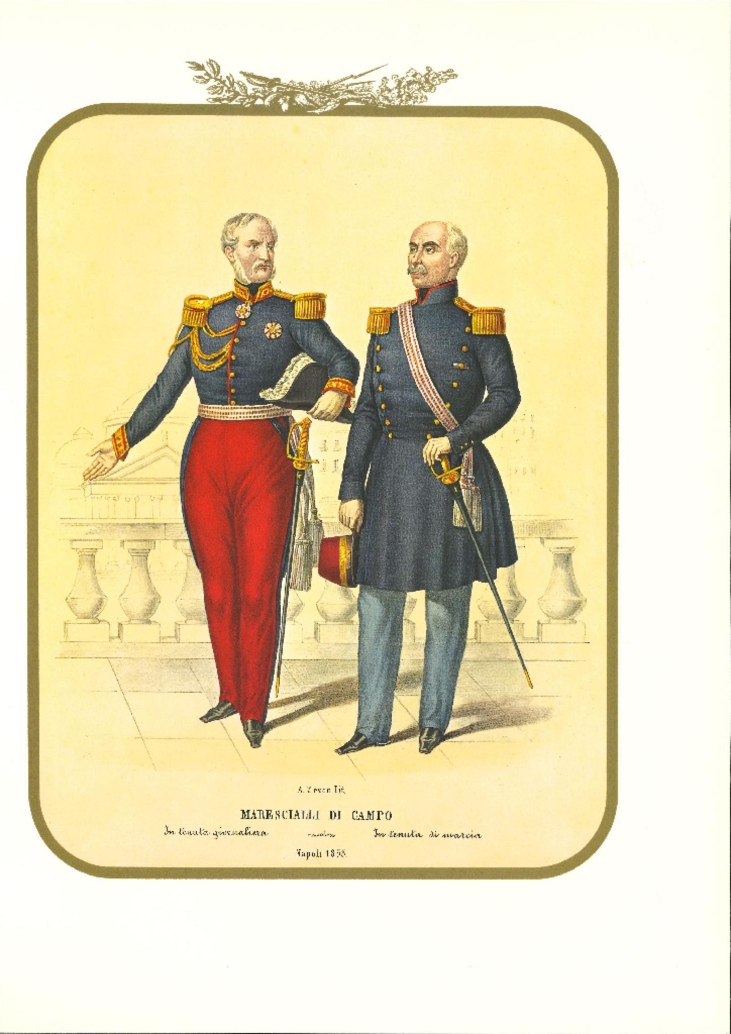 Mariscales de campo es una litografía original de Antonio Zezon. Nápoles 1853.

Interesante litografía en color que describe a un Mariscal de Campo en traje de diario y en ropa de correr.

En excelente estado, este grabado pertenece a una de las