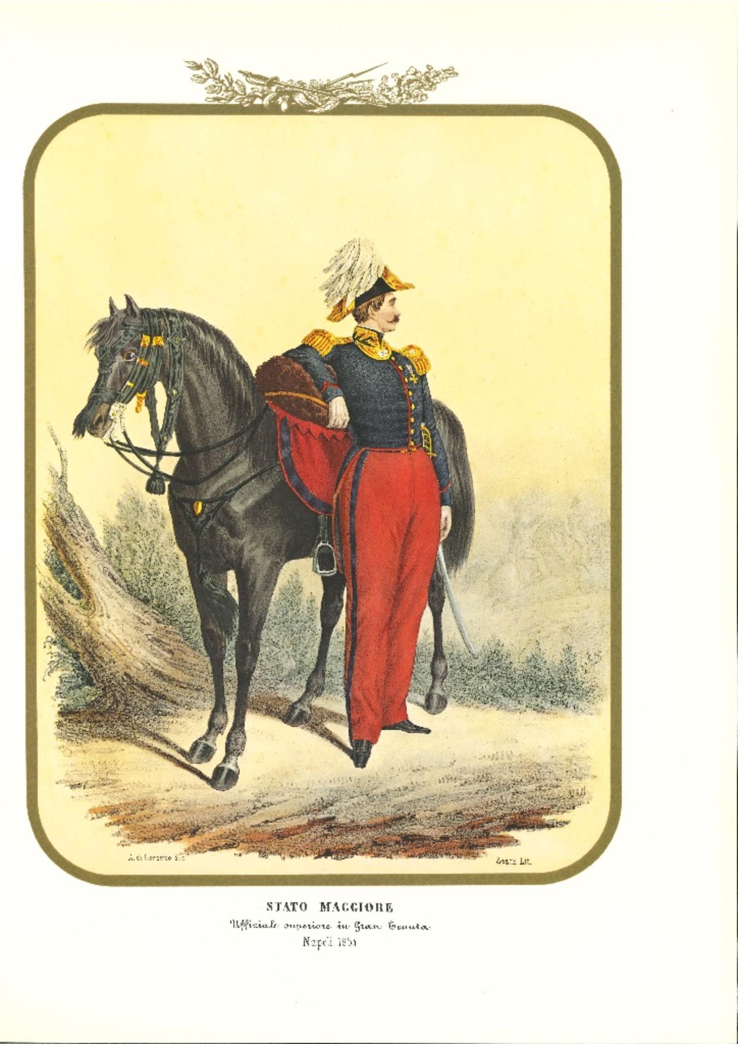 Major State is a lithograph by Antonio Zezon. Naples 1854.

Interesting colored lithograph which describes a Major State leaning on the saddle of his horse, in great estate.

In excellent condition, this print belongs to one of the most famous