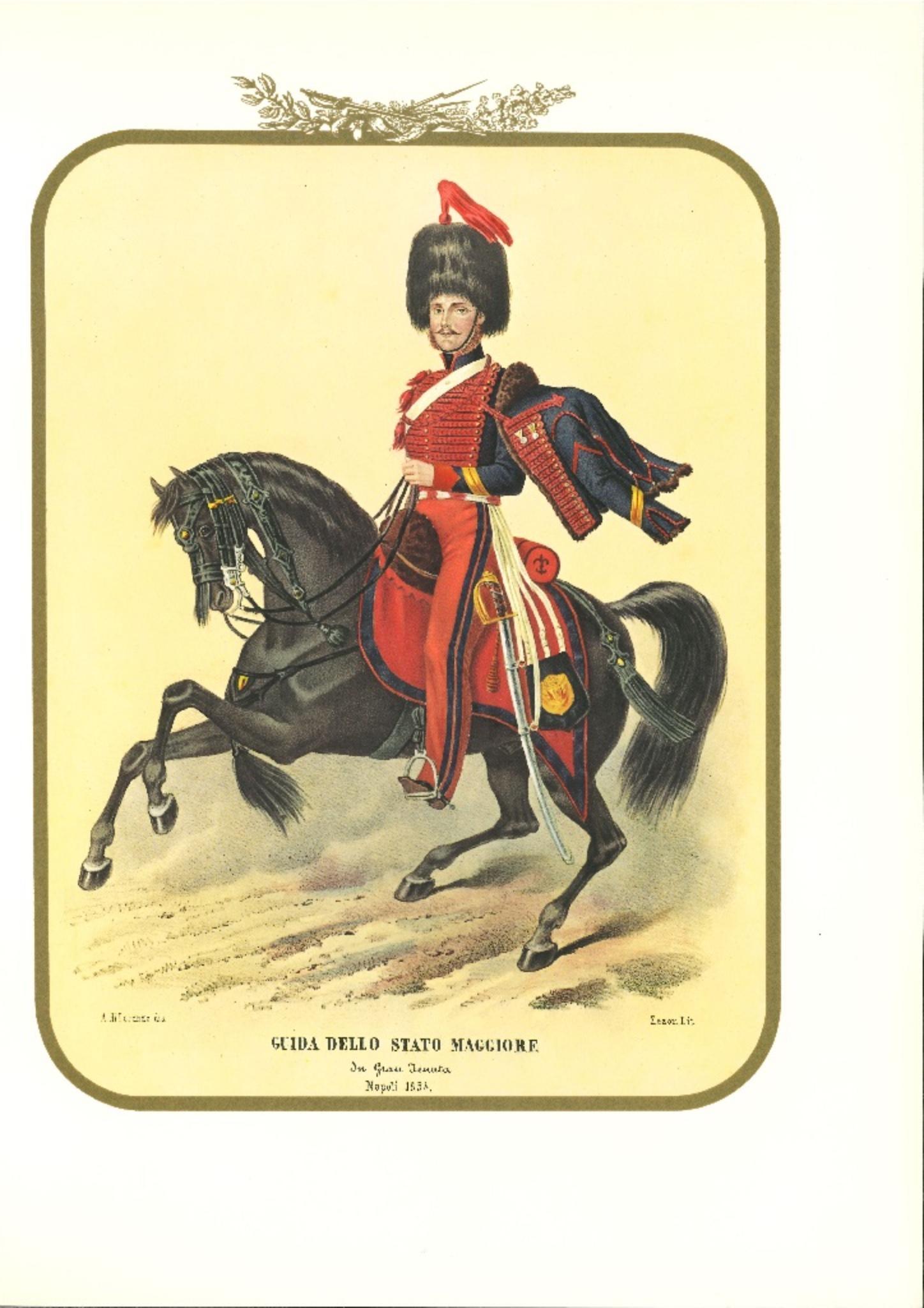 Leadership of the General Staff is a lithograph by Antonio Zezon. Naples 1854.

Interesting colored lithograph which describes a Leadership of the General Staff riding his horse, in great estate.

In excellent condition, this print belongs to one of
