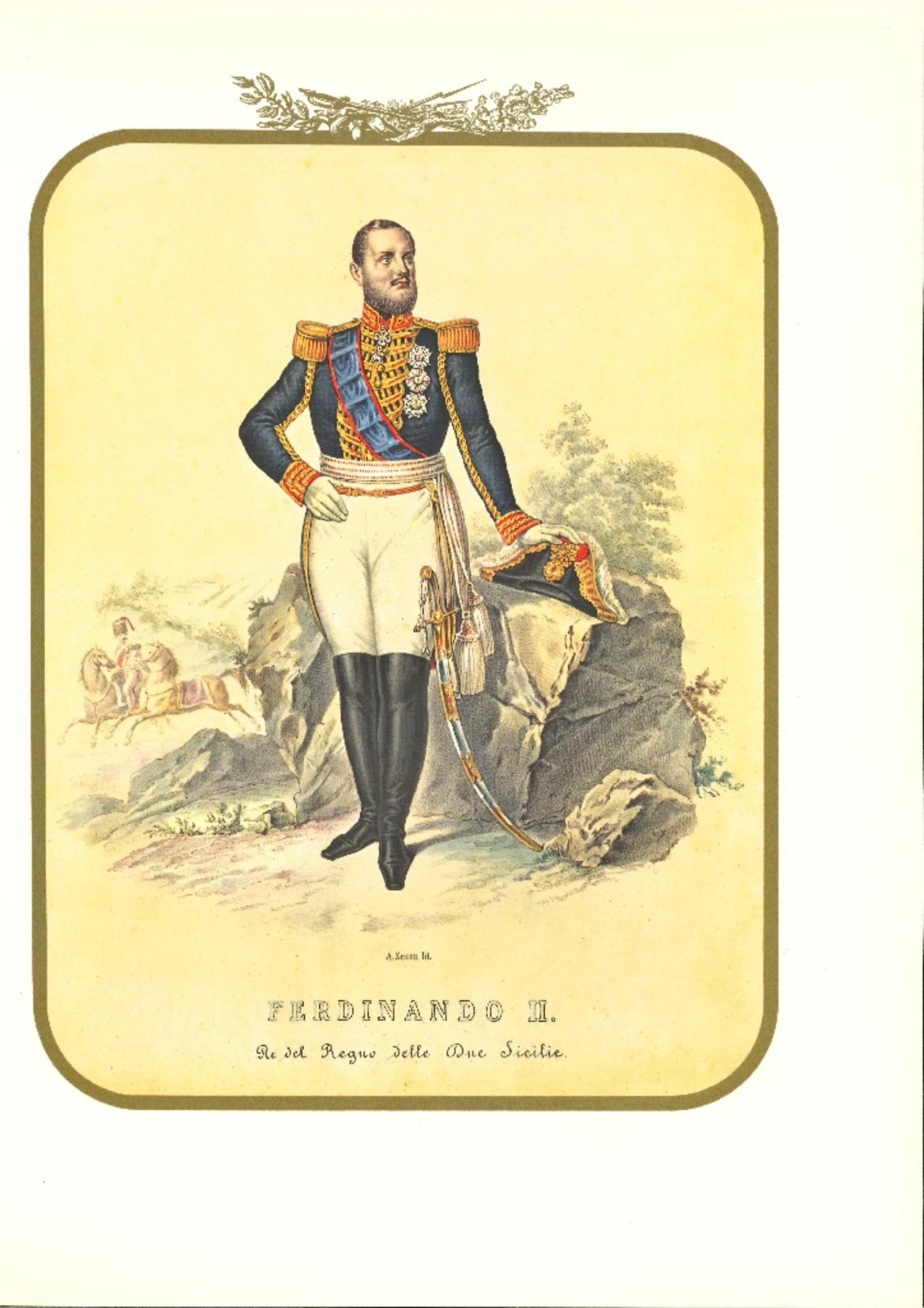 King Ferdinand II is a lithograph by Antonio Zezon.

Interesting colored lithograph which describes the arrival of Ferdinand II, with the uniform of Captain General, during the Sicilian war.

In excellent condition, this print belongs to one of the