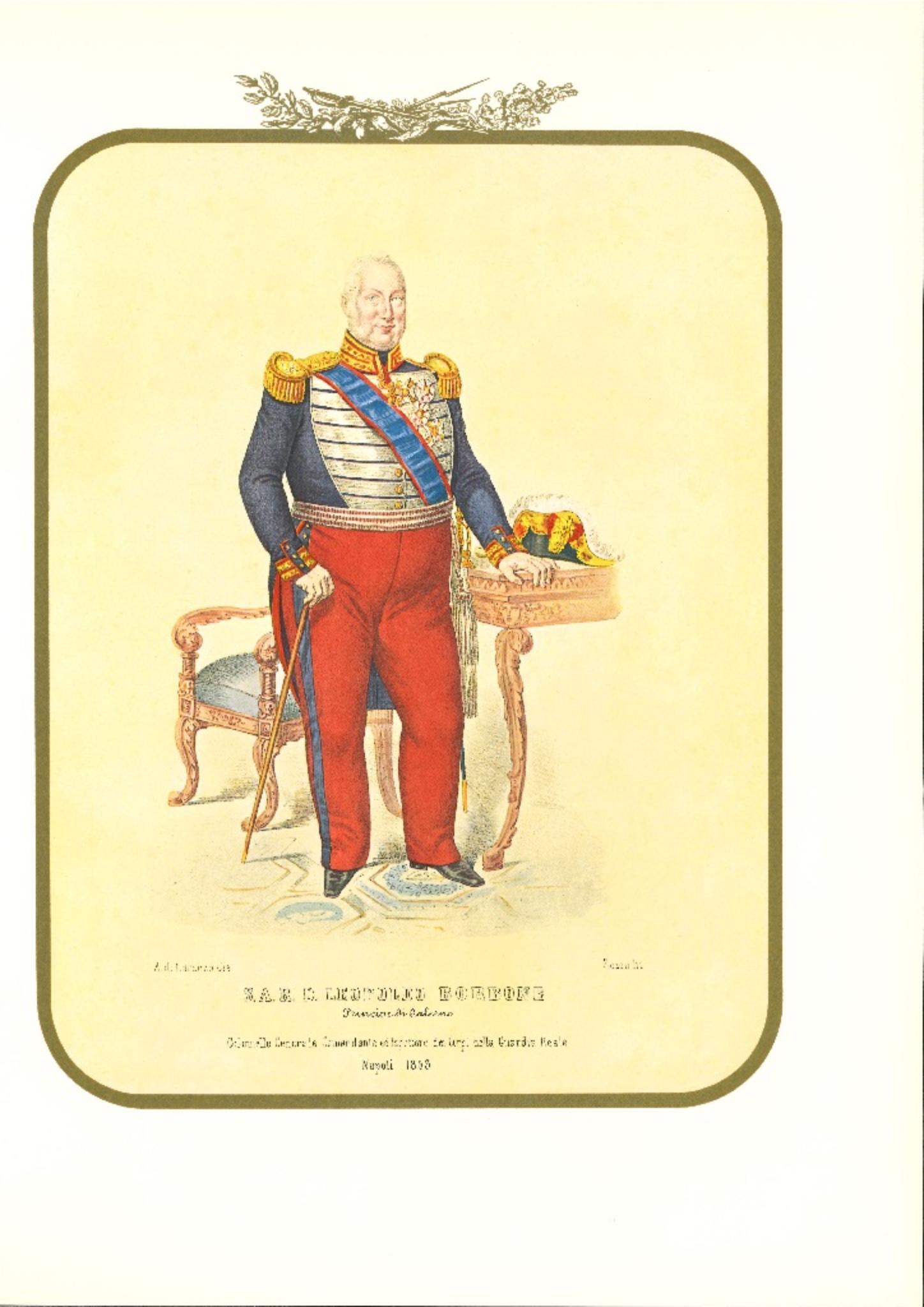Leopoldo Borbone es una litografía original de Antonio Zezon. Nápoles 1853.

Interesante litografía en color que describe a Leopoldo Borbone, Príncipe de Salerno, Coronel General, Comandante e Inspector del cuerpo de la Guardia Real. 

En excelente
