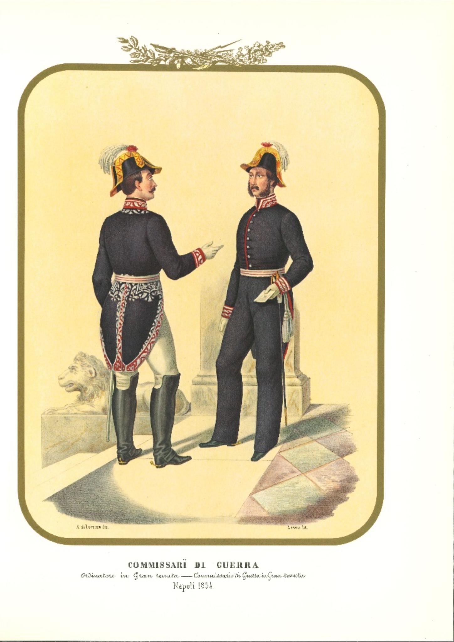 Commissioners of War is an original lithograph by Antonio Zezon. Naples 1854.

Interesting colored lithograph which describes the Commissioners of War: in the lithograph there are, in great estate, a Officer Commander and a Commissioner of War.

In