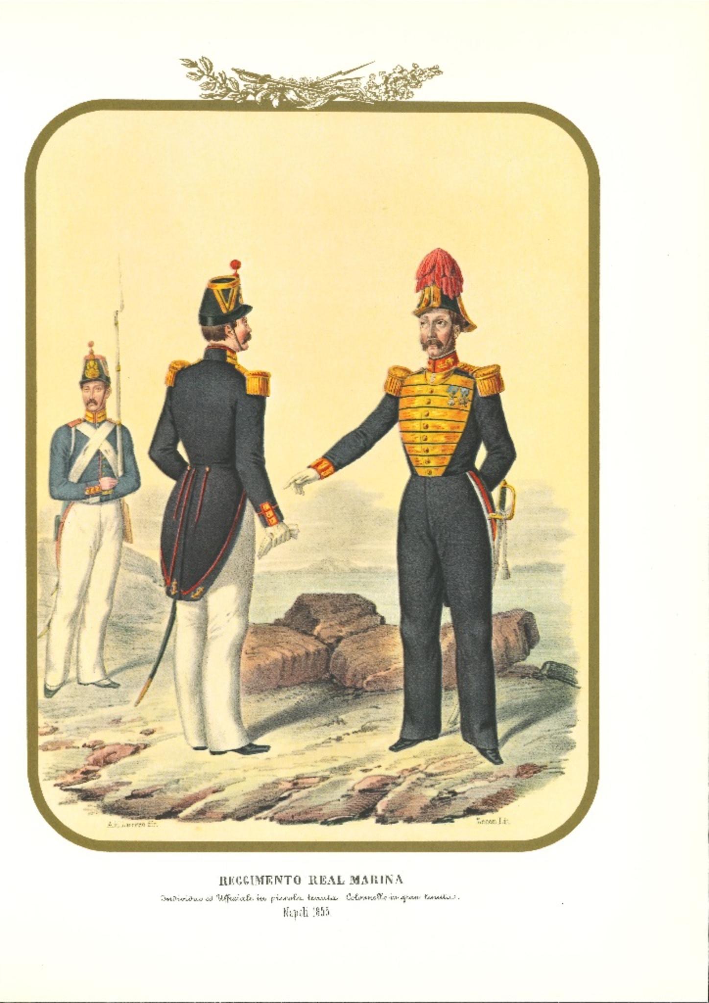 First Royal Navy Regiment is an original lithograph by Antonio Zezon. Naples 1855.

Interesting colored lithograph which describes the Royal Navy Regiment: in the lithograph there are a soldier, an Officer in small estate and a Colonel in great