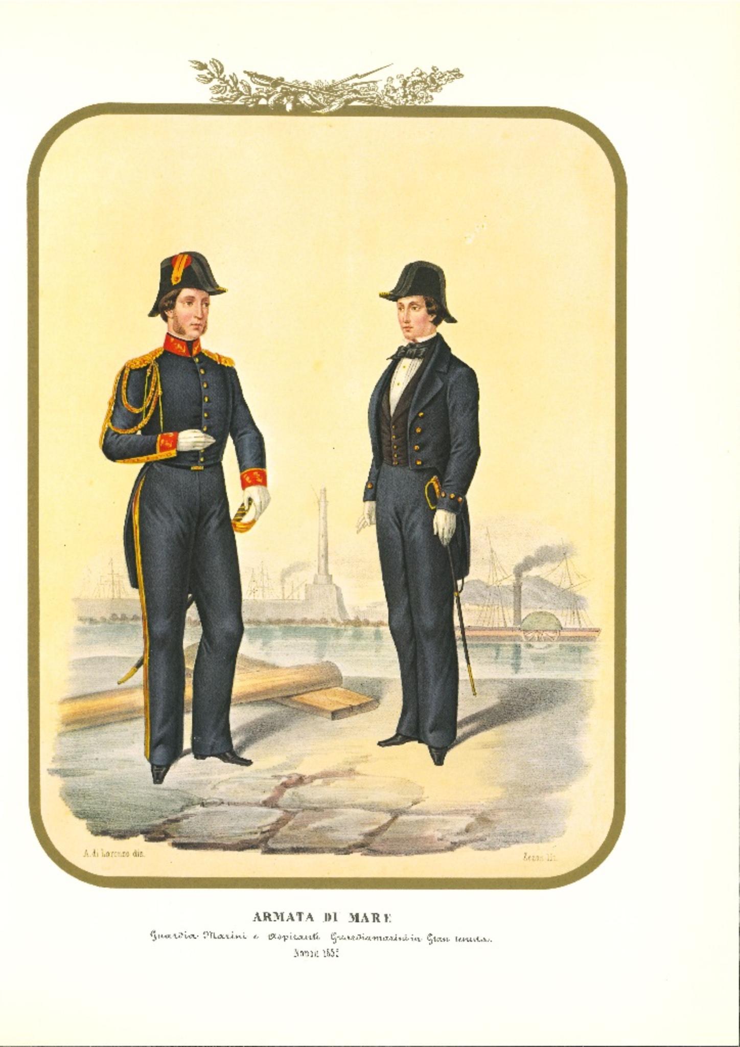 Royal Navy: Ensign is an original lithograph by Antonio Zezon. Naples 1855.

Interesting colored lithograph which describes the Navy: in the lithograph there are a Marine Guard and an aspiring Marine Guard in dressing uniform.

In excellent