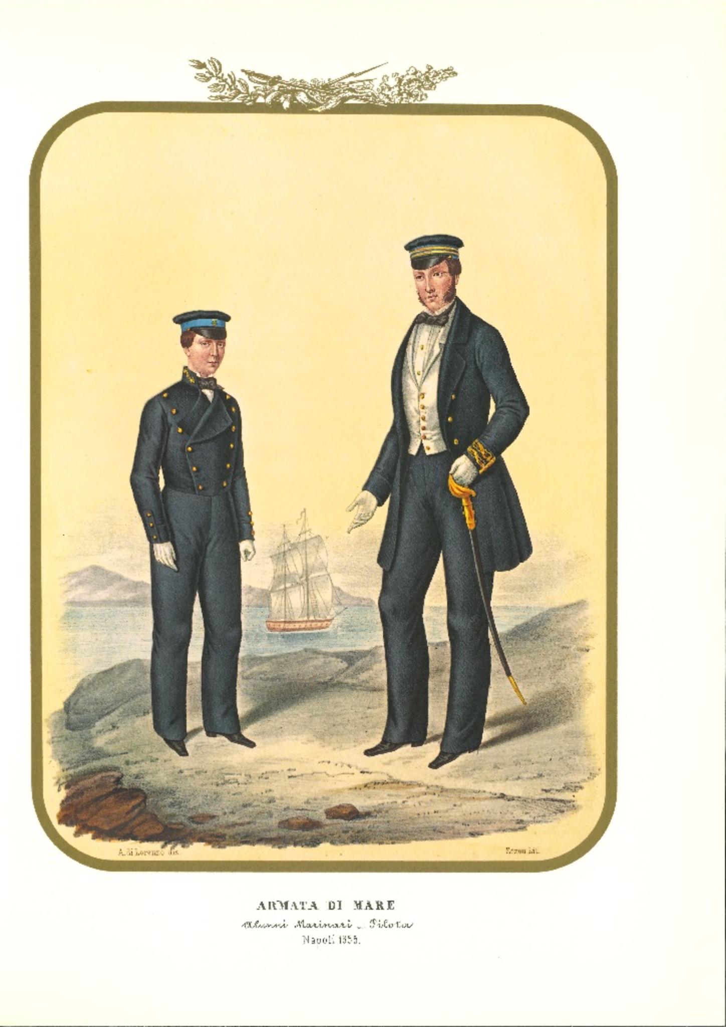 Navy: Seafaring Students is a lithograph by Antonio Zezon. Naples 1855.

Interesting colored lithograph which describes the Army of the Sea: in the lithograph there are a Seafaring Student and a Pilot.

In excellent condition, this print belongs to