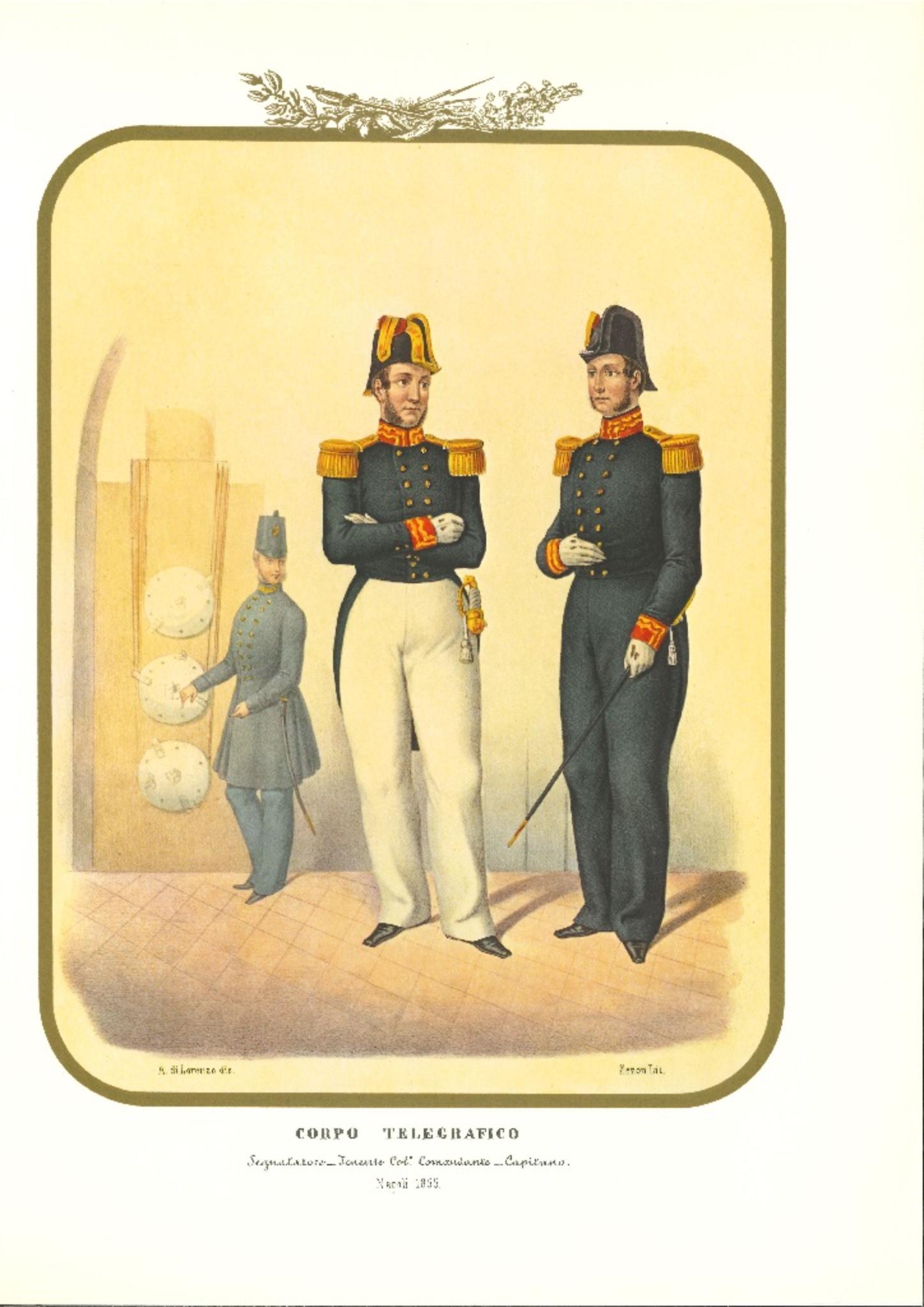 Telegraphic Corps is a lithograph by Antonio Zezon. Naples 1855.

Interesting colored lithograph which describes the Telegraphic Body: on the foreground, the Lieutenant Colonel commander and the Captain; on the background, the Signalman. 

In