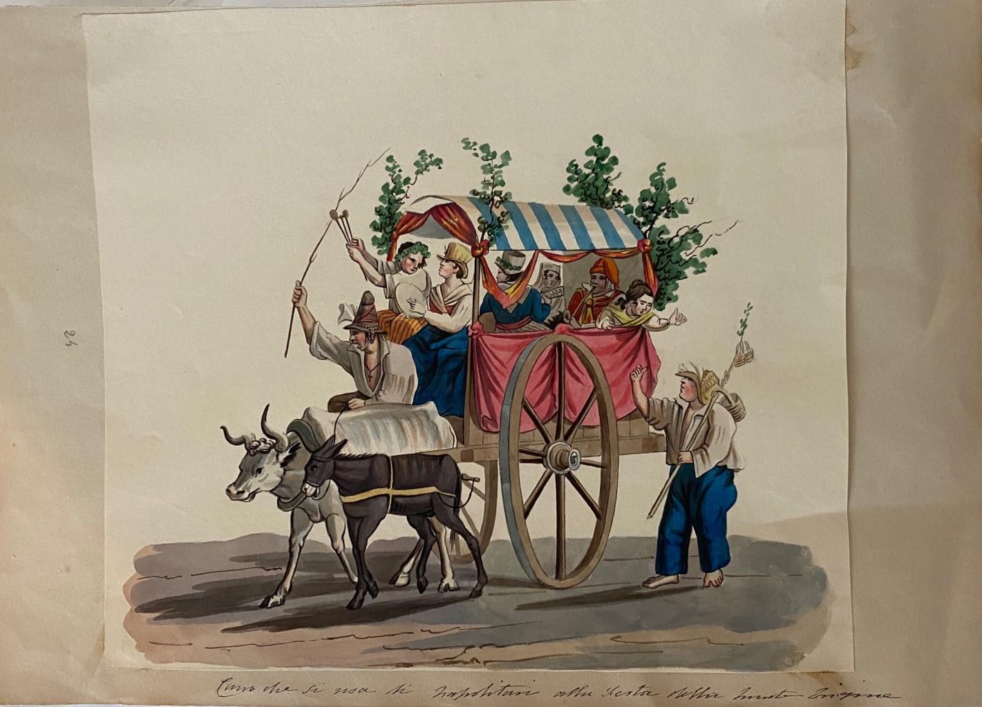 Wagon with Neapolitans is a splendid gouache drawing on paper engraved by the Italian artist Anonymous Artist of 20th Century.

The state of preservation of the artwork is excellent. 

Not signed. Not numbered.

Sheet Dimension: 27 x 38.8 cm.  Image