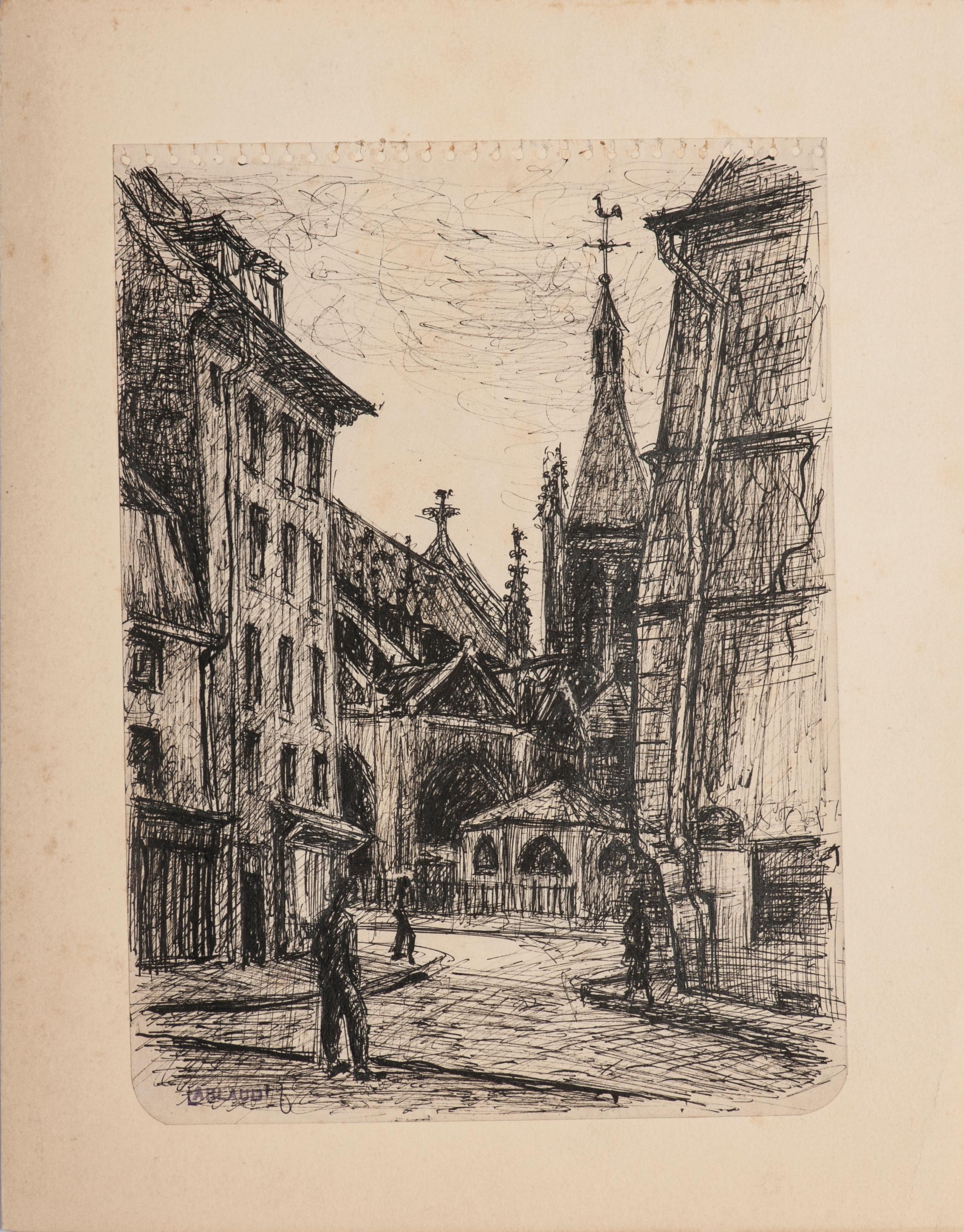 Unknown Landscape Art - Paris The Church - Original Pen Drawing - Mid-20th Century