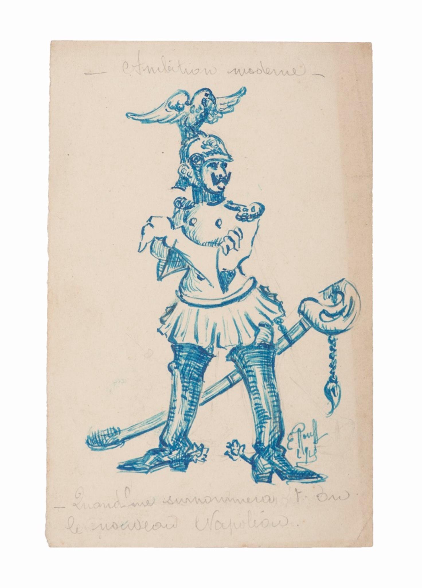 Le Nouveau Napoleon ist eine Original-Federzeichnung von Emile Rouff aus dem Jahr 1929.

Das kleine Bild ist in gutem Zustand auf vergilbtem Papier.

Einige Bleistiftnotizen oben und unten auf der Zeichnung.